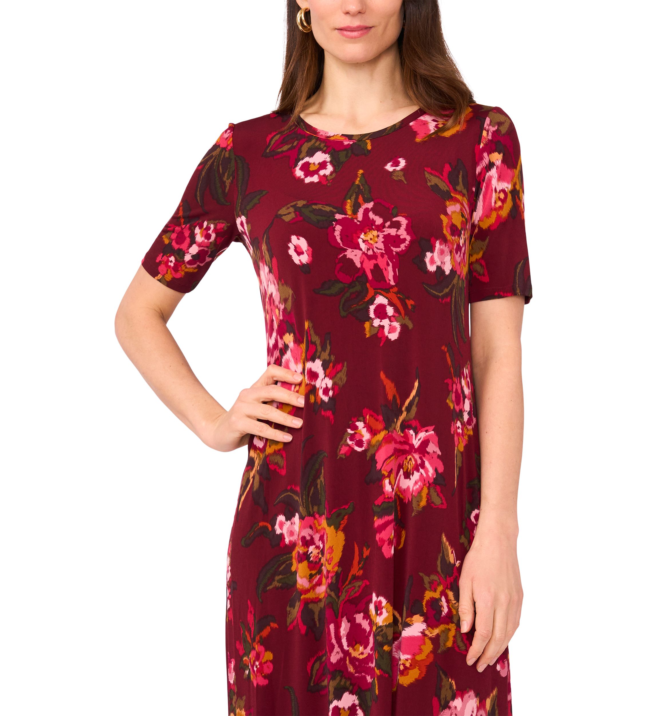 Womens Short Sleeve Crew Neck Floral Maxi Dress