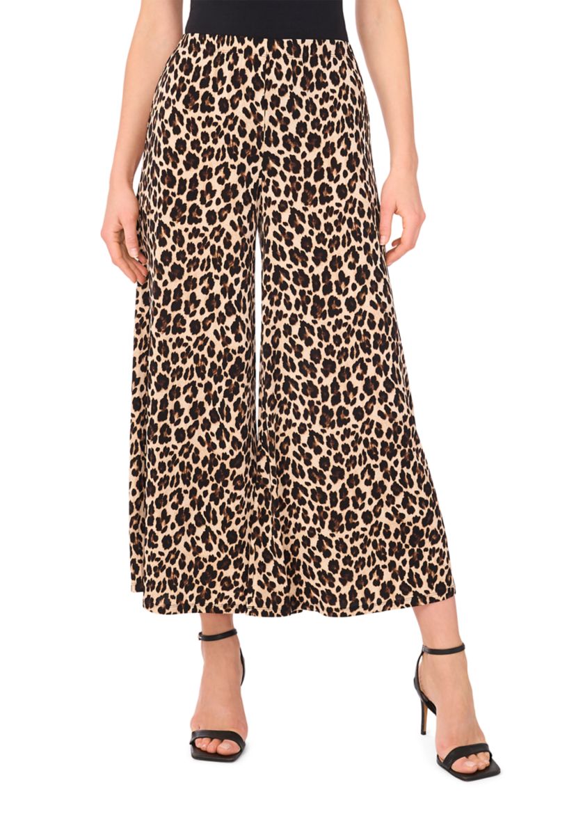 Womens Pull On Leopard Print Wide Leg Pants 
