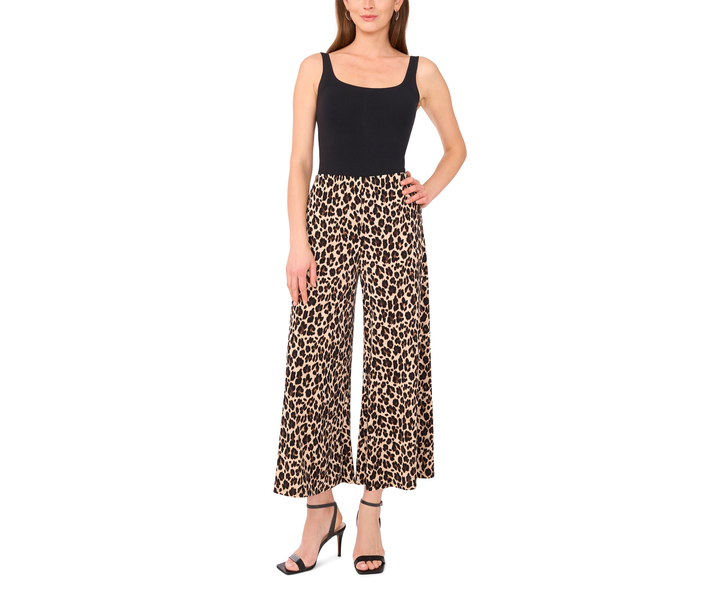 Womens Pull On Leopard Print Wide Leg Pants 