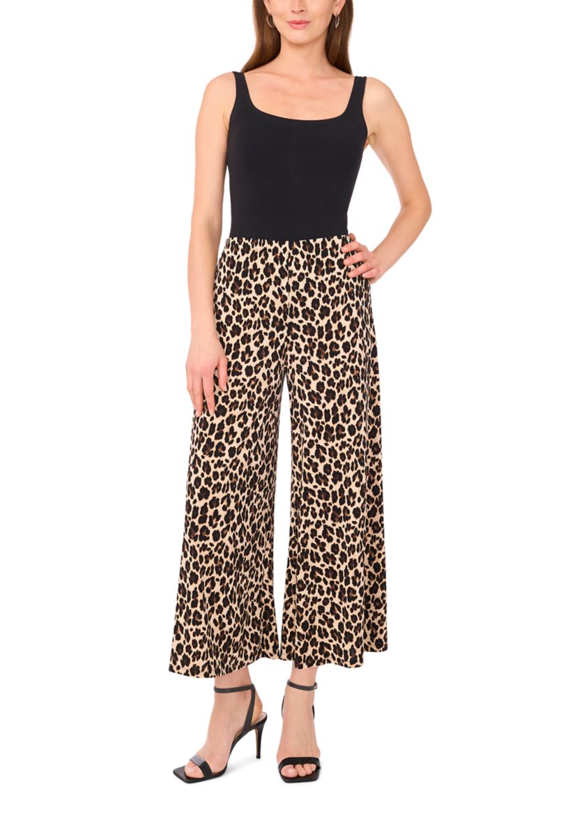 Womens Pull On Leopard Print Wide Leg Pants 
