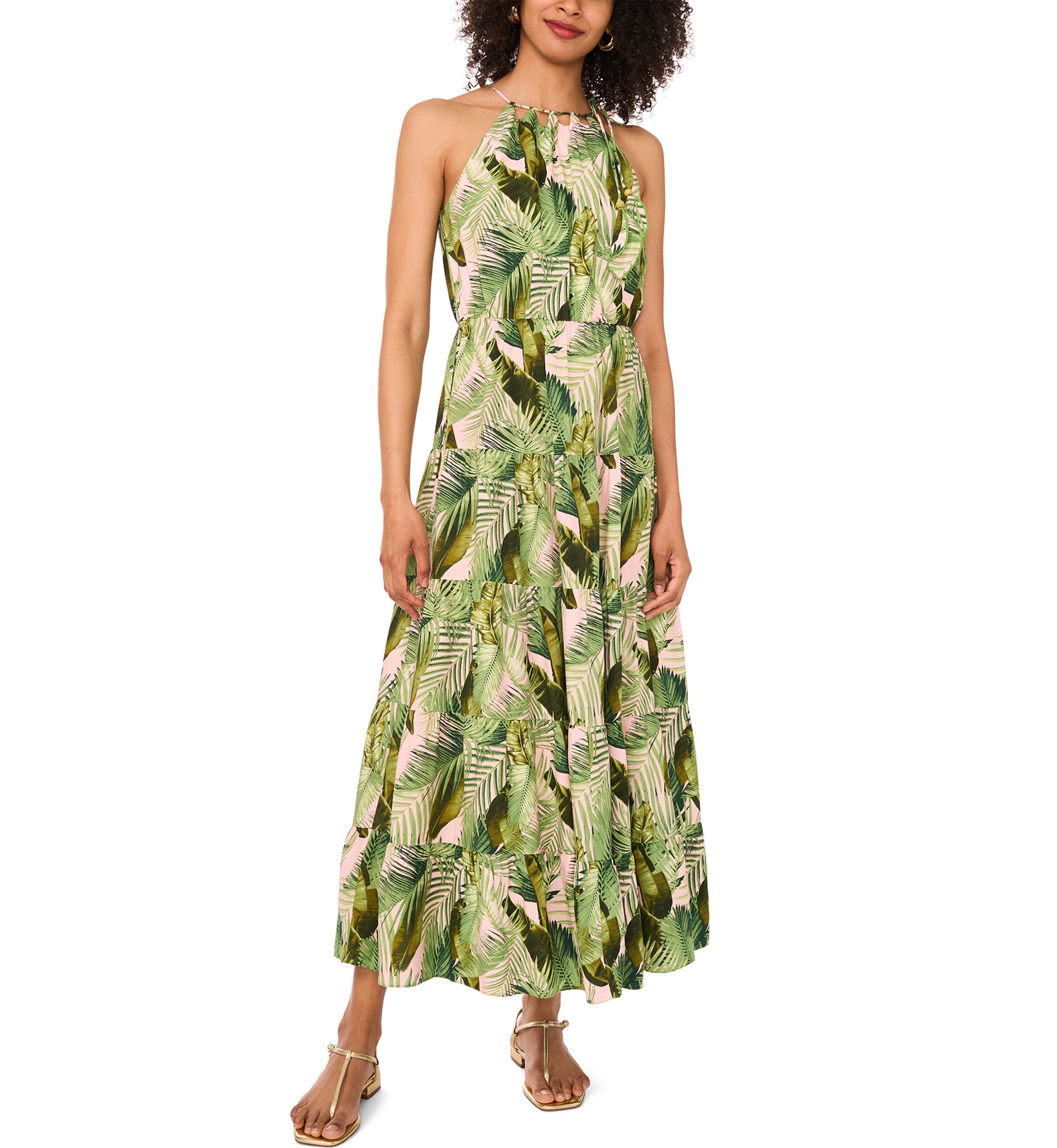 Womens Sleeveless Halter Palm Challis Maxi Dress