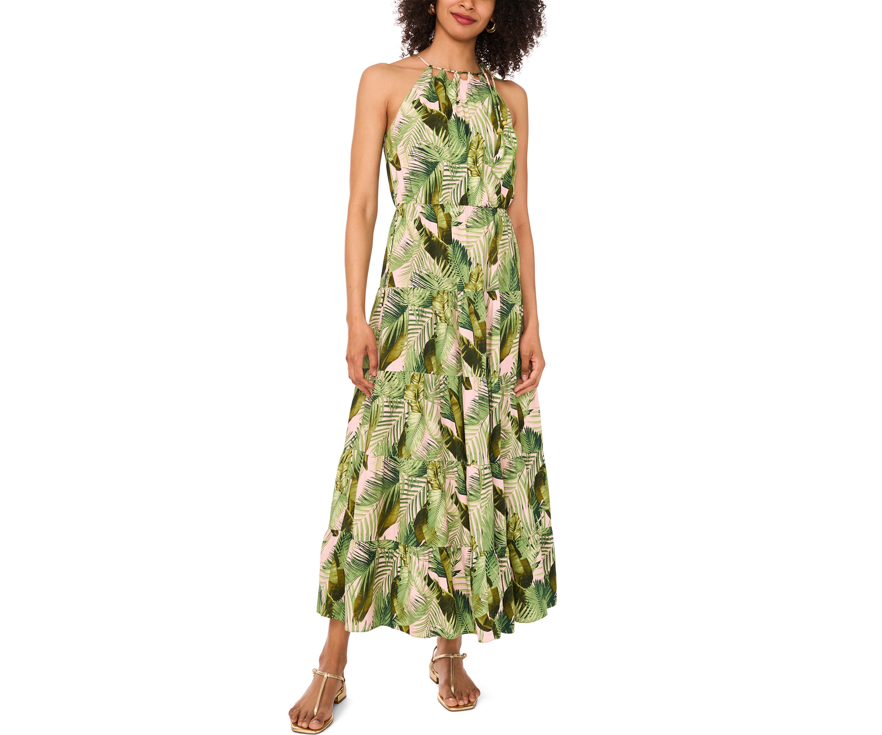Womens Sleeveless Halter Palm Challis Maxi Dress