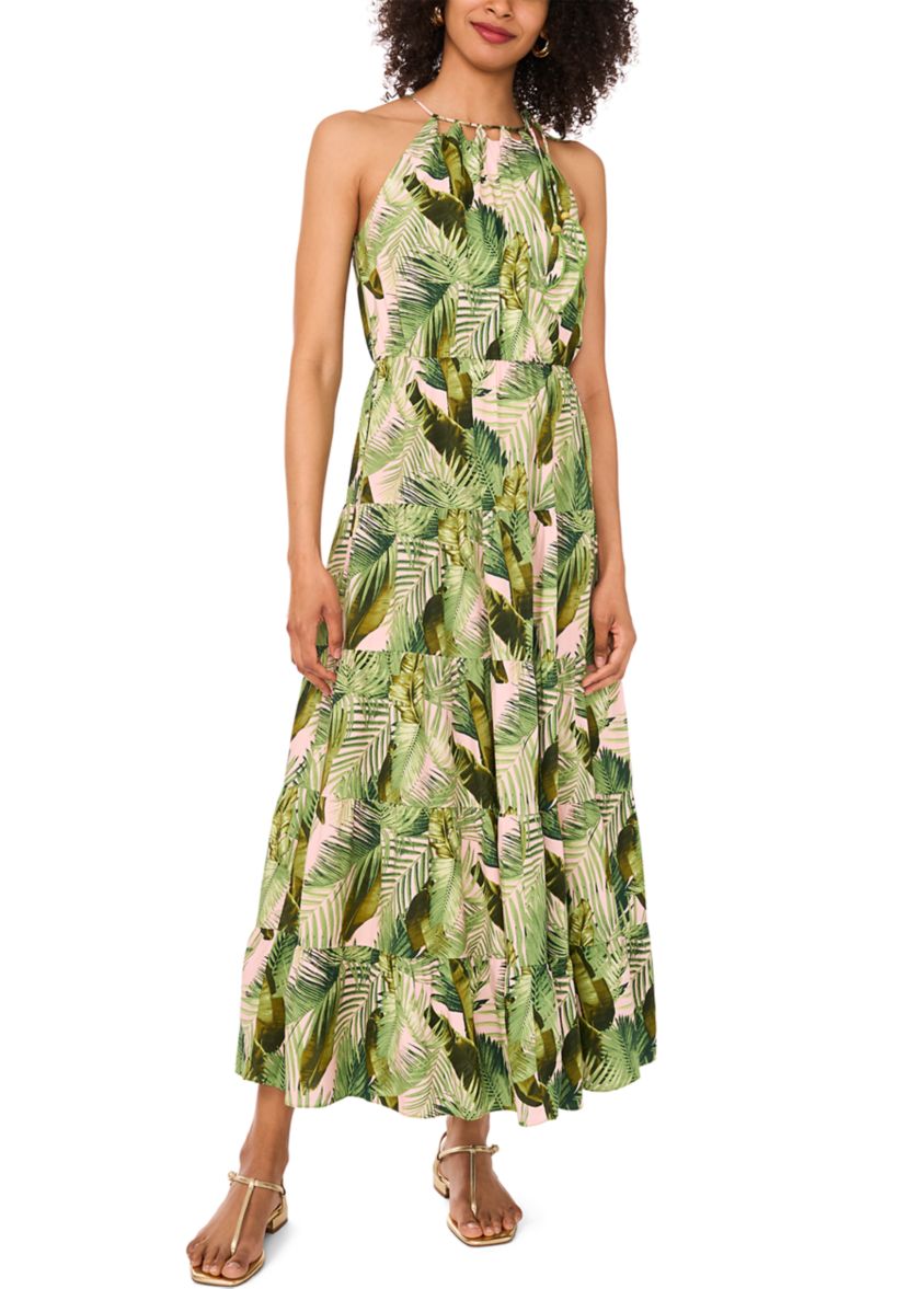 Womens Sleeveless Halter Palm Challis Maxi Dress
