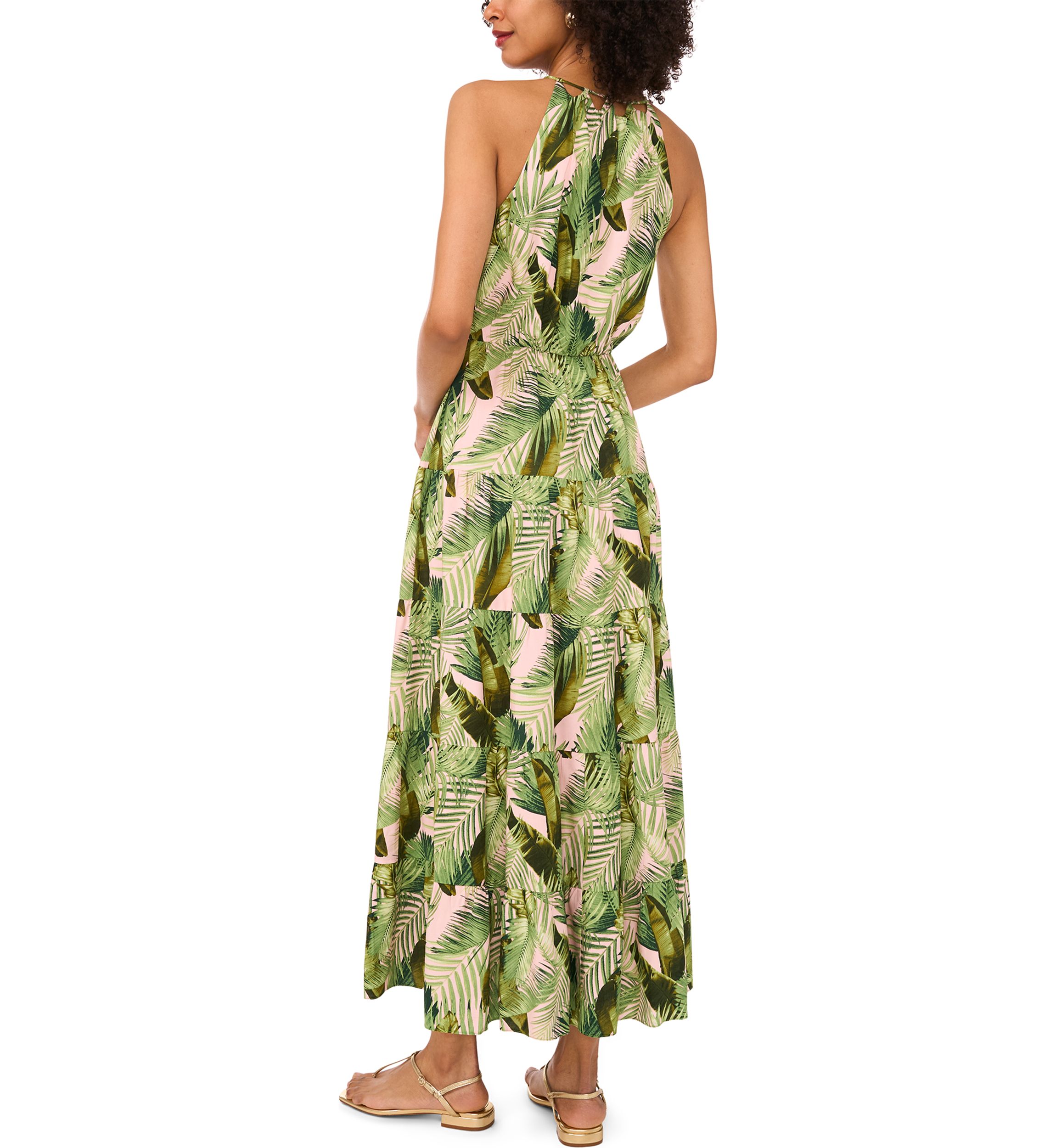 Womens Sleeveless Halter Palm Challis Maxi Dress