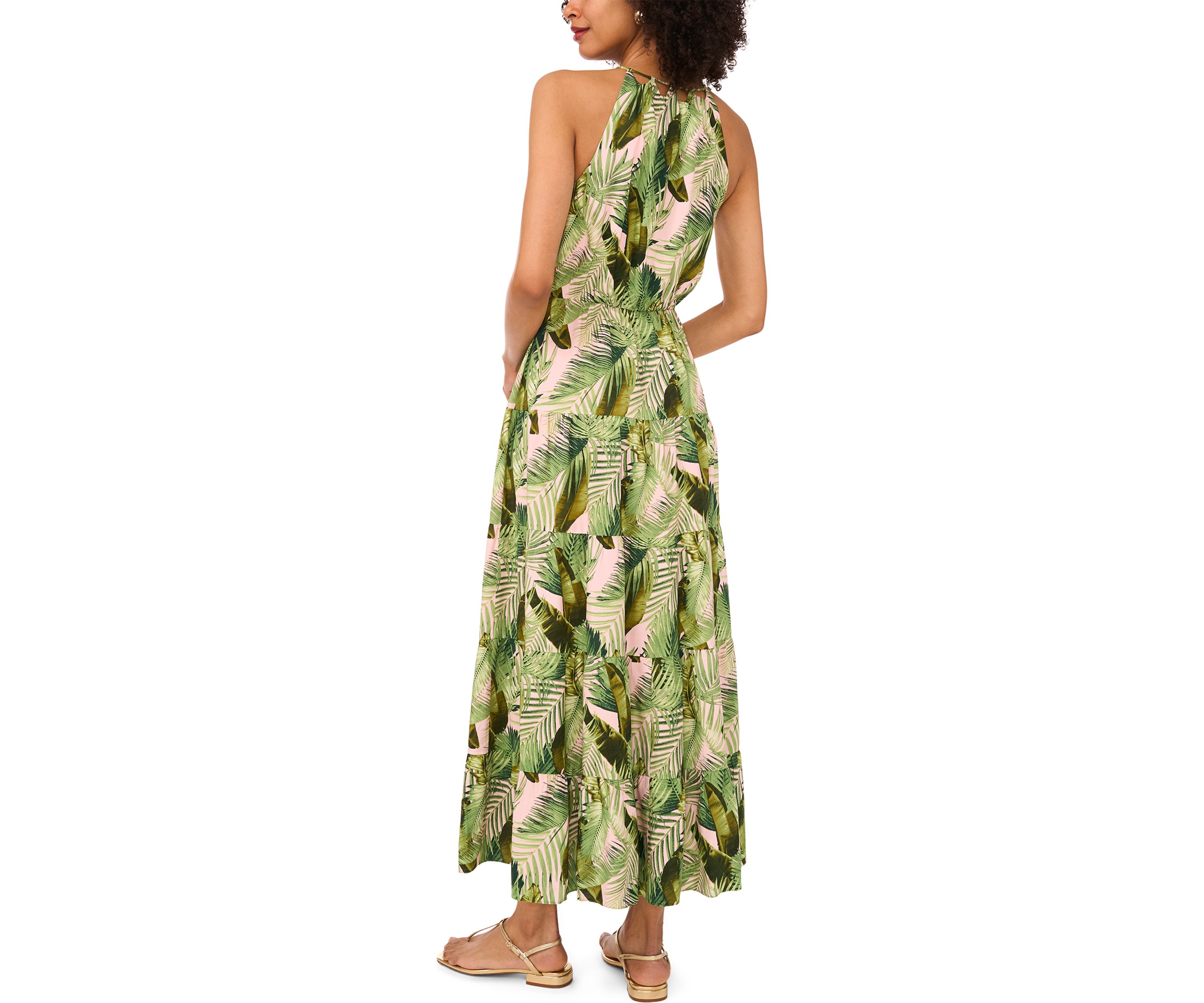 Womens Sleeveless Halter Palm Challis Maxi Dress