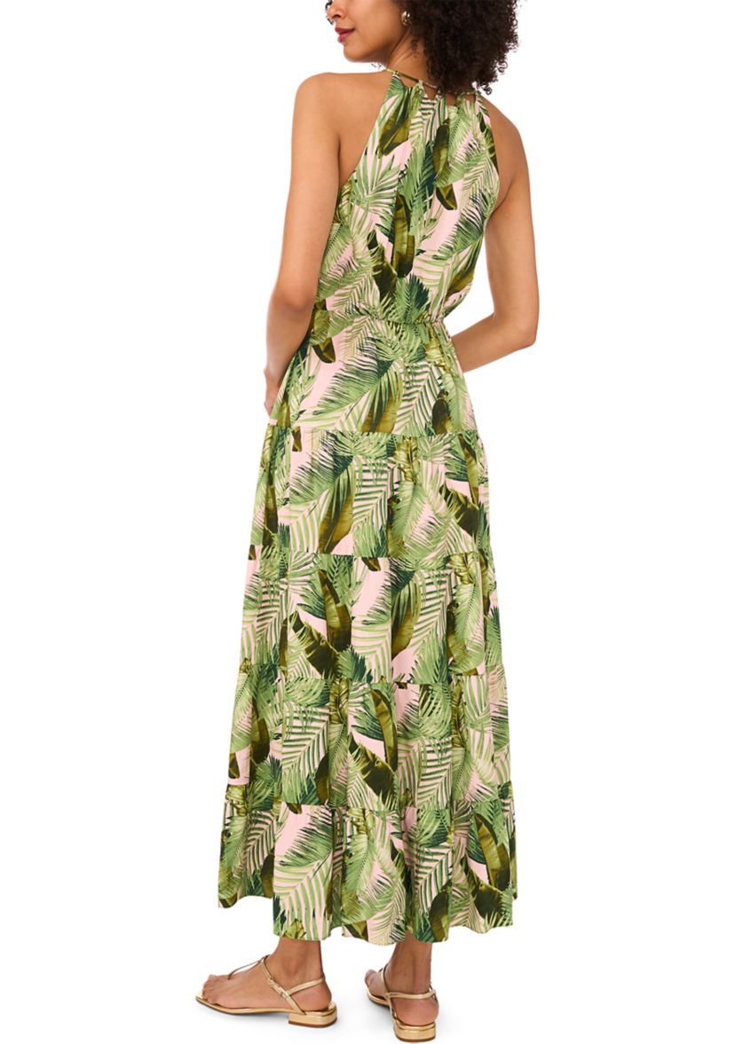 Womens Sleeveless Halter Palm Challis Maxi Dress