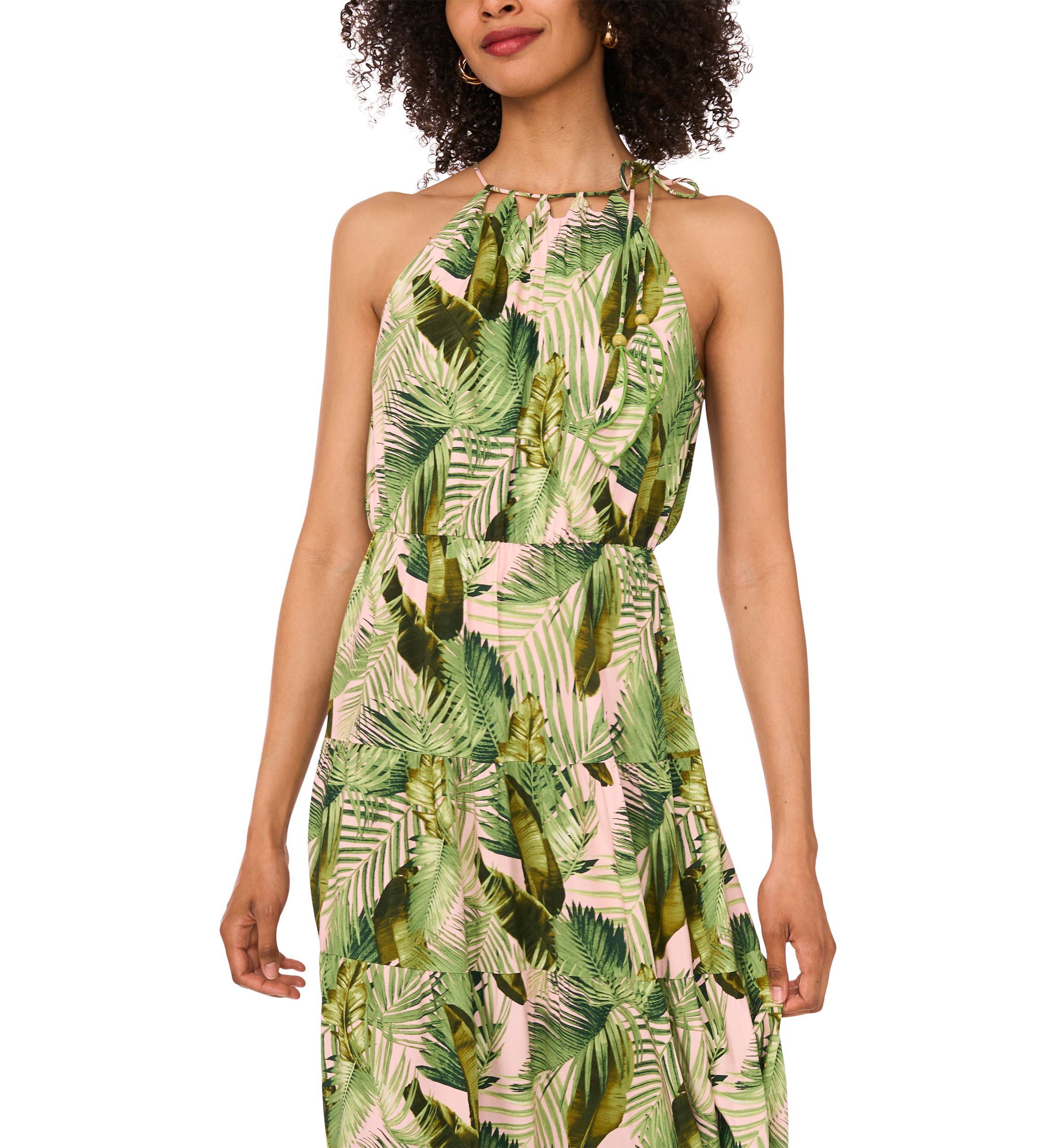 Womens Sleeveless Halter Palm Challis Maxi Dress