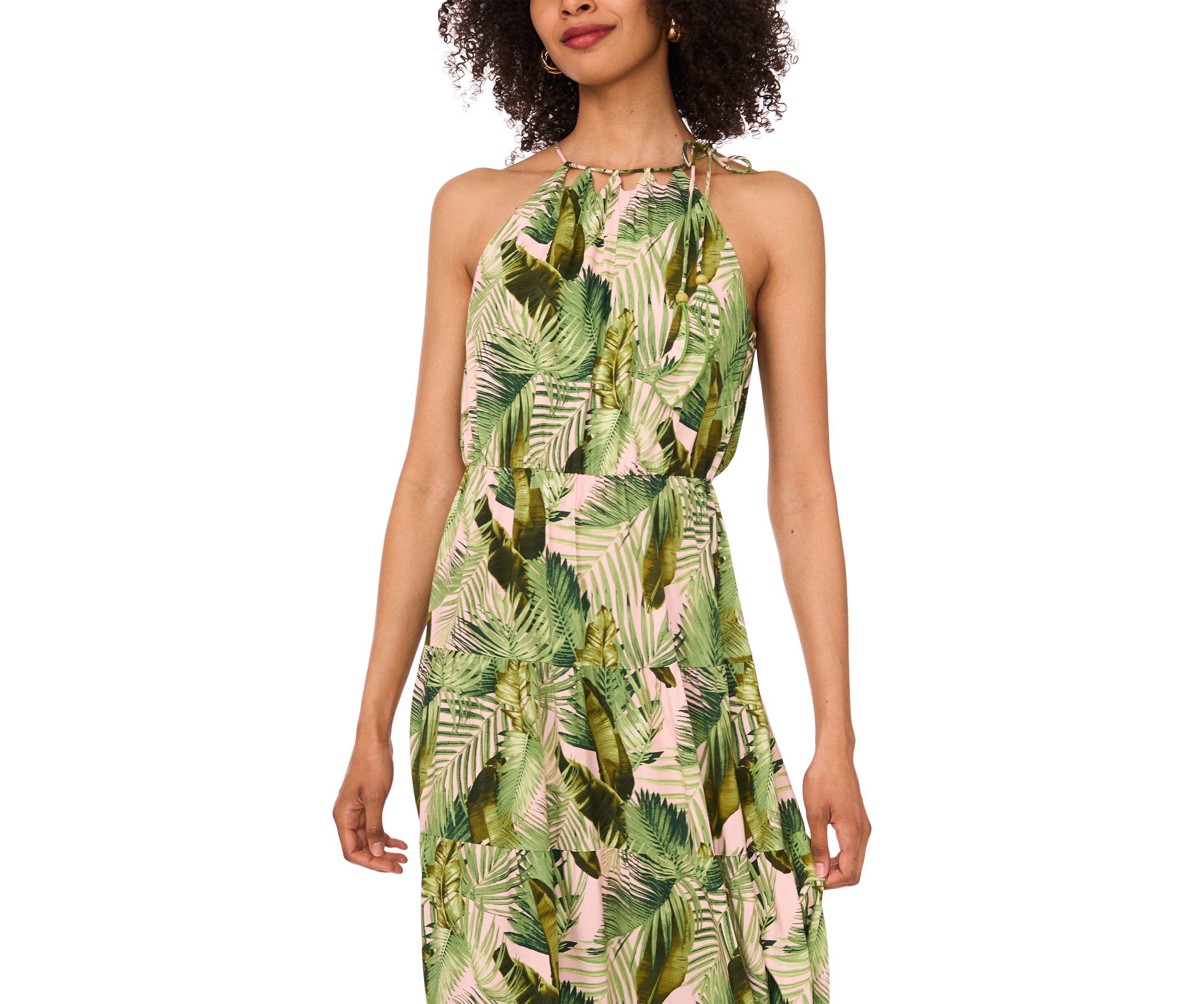 Womens Sleeveless Halter Palm Challis Maxi Dress