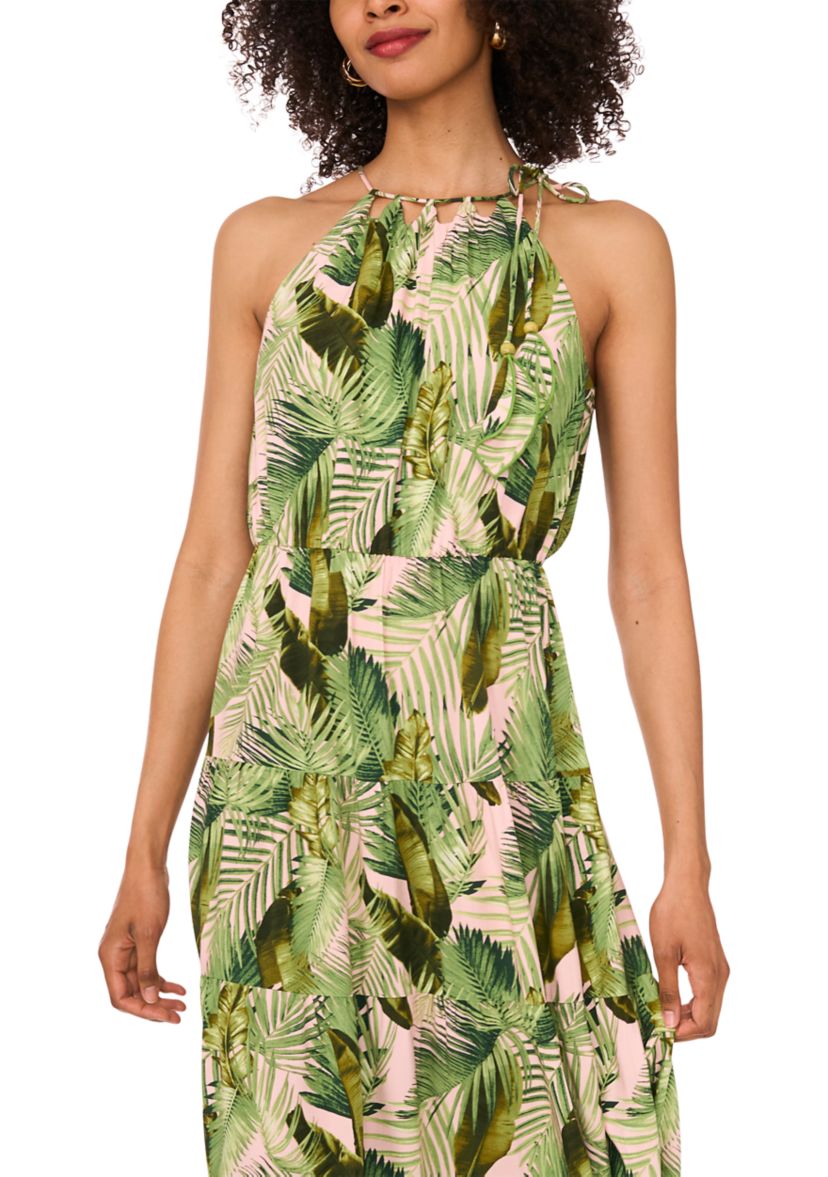 Womens Sleeveless Halter Palm Challis Maxi Dress