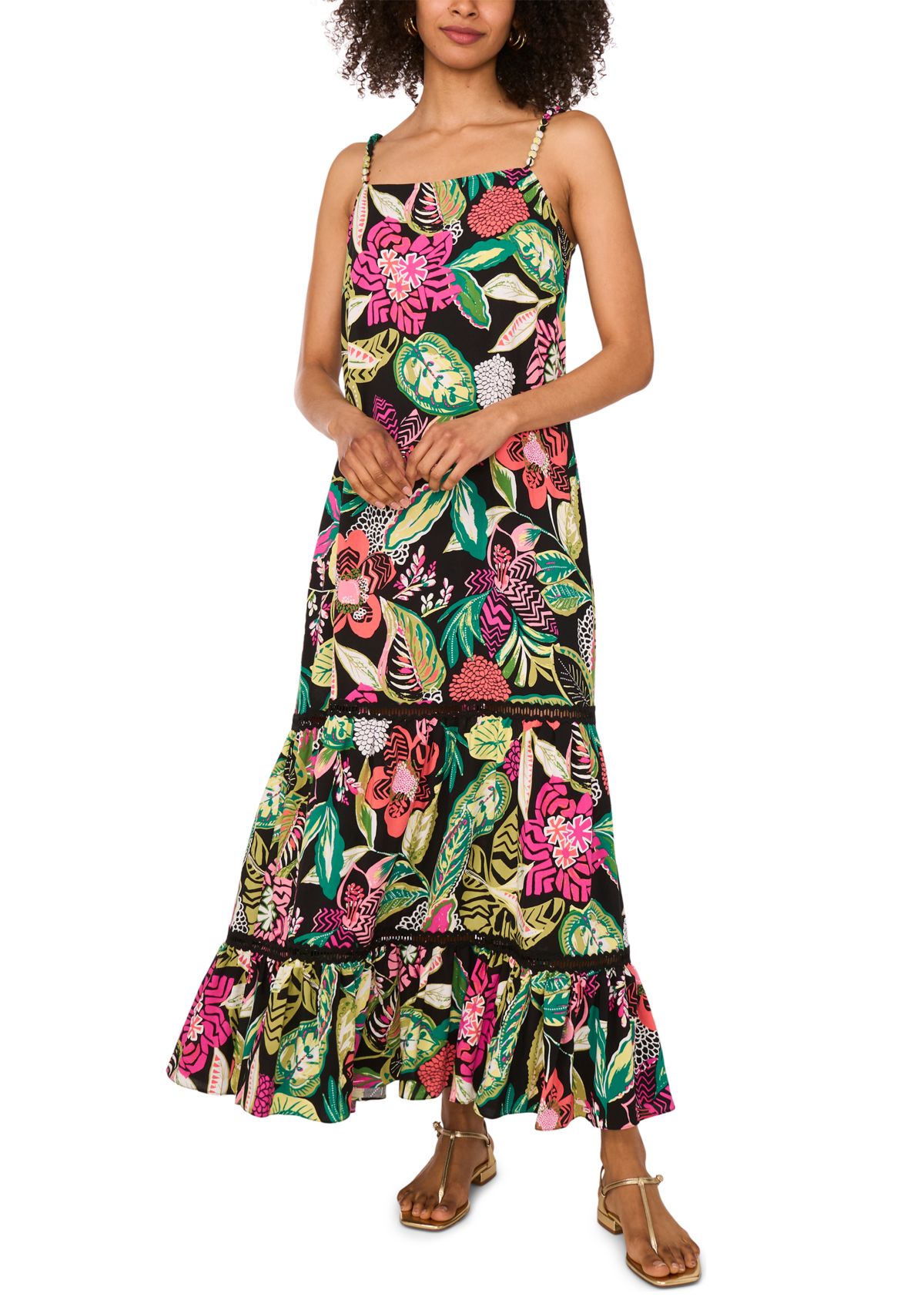 Womens Bead Strap Floral Challis Maxi Dress