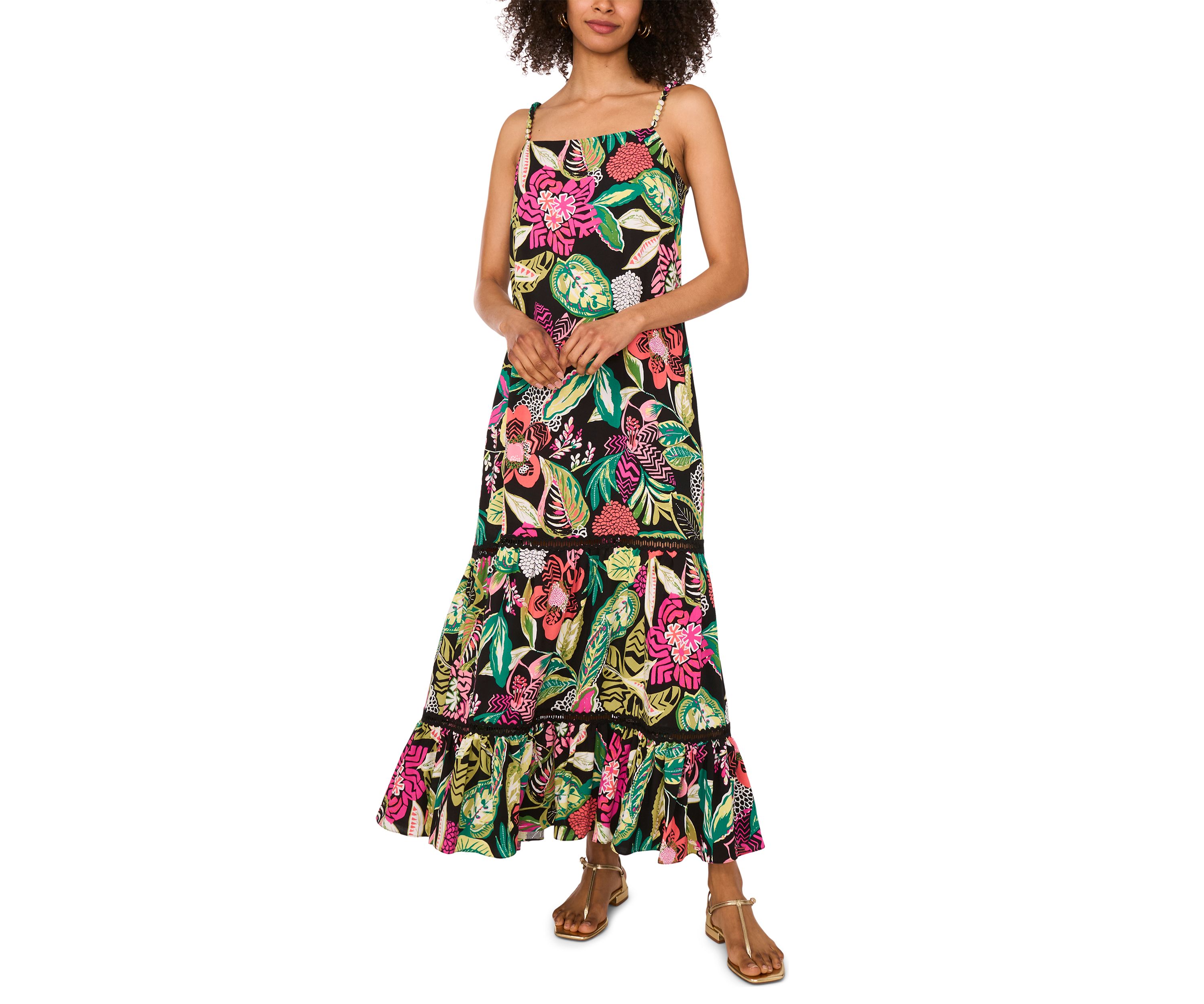 Womens Bead Strap Floral Challis Maxi Dress