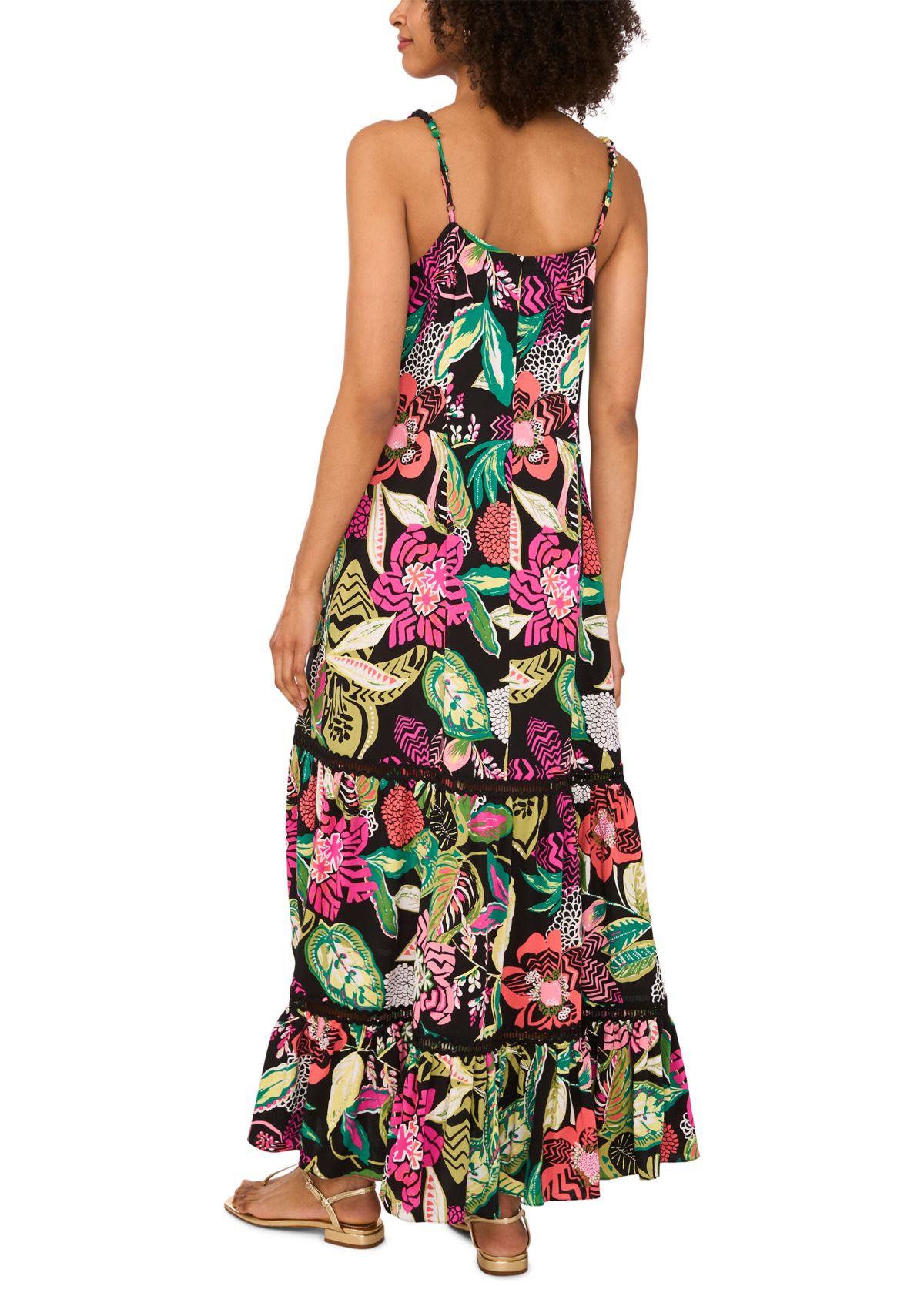 Womens Bead Strap Floral Challis Maxi Dress