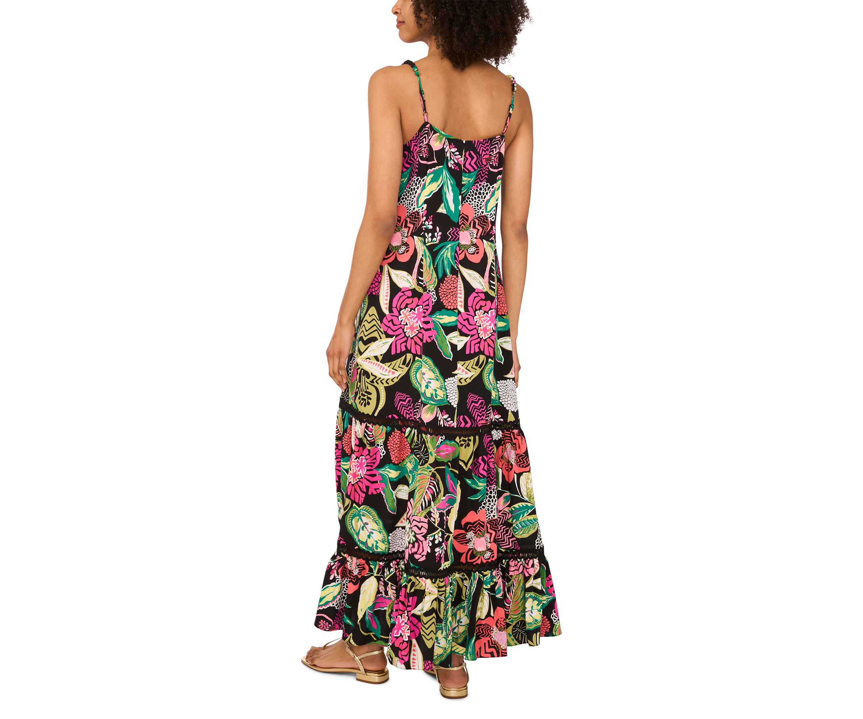 Womens Bead Strap Floral Challis Maxi Dress