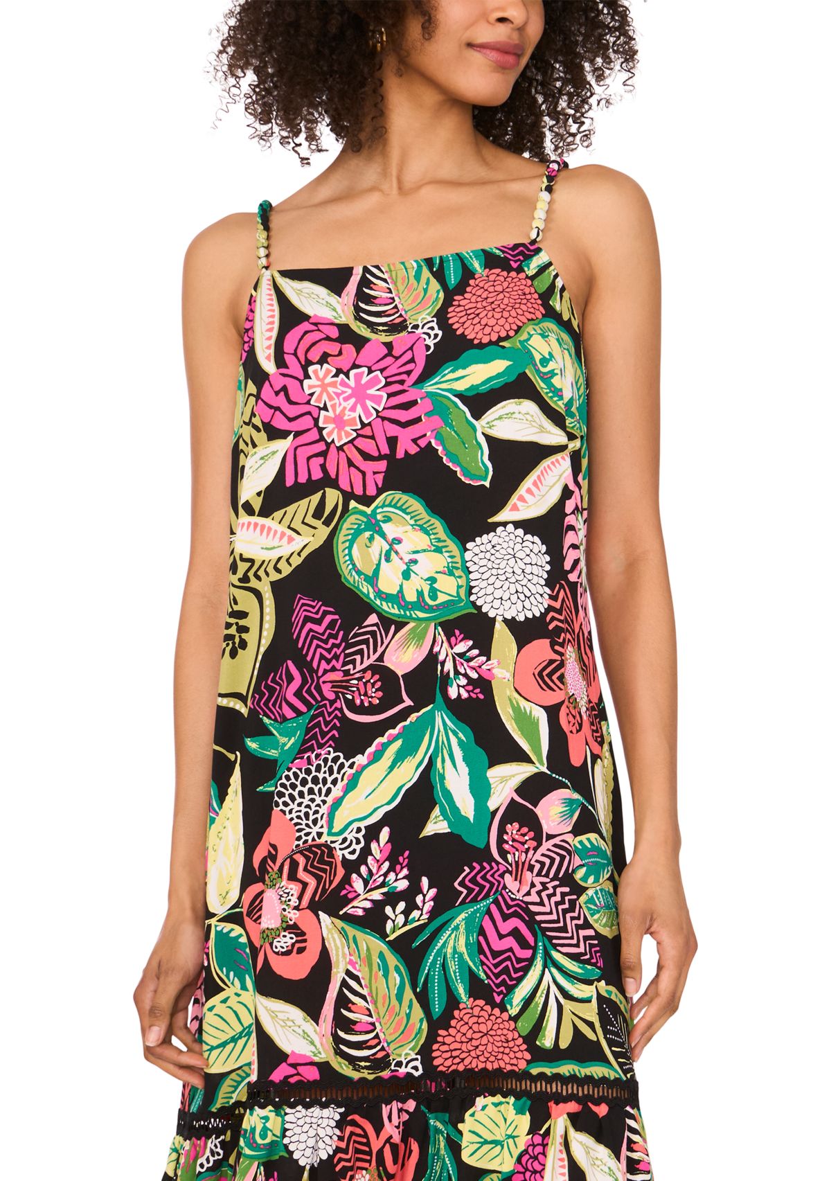 Womens Bead Strap Floral Challis Maxi Dress