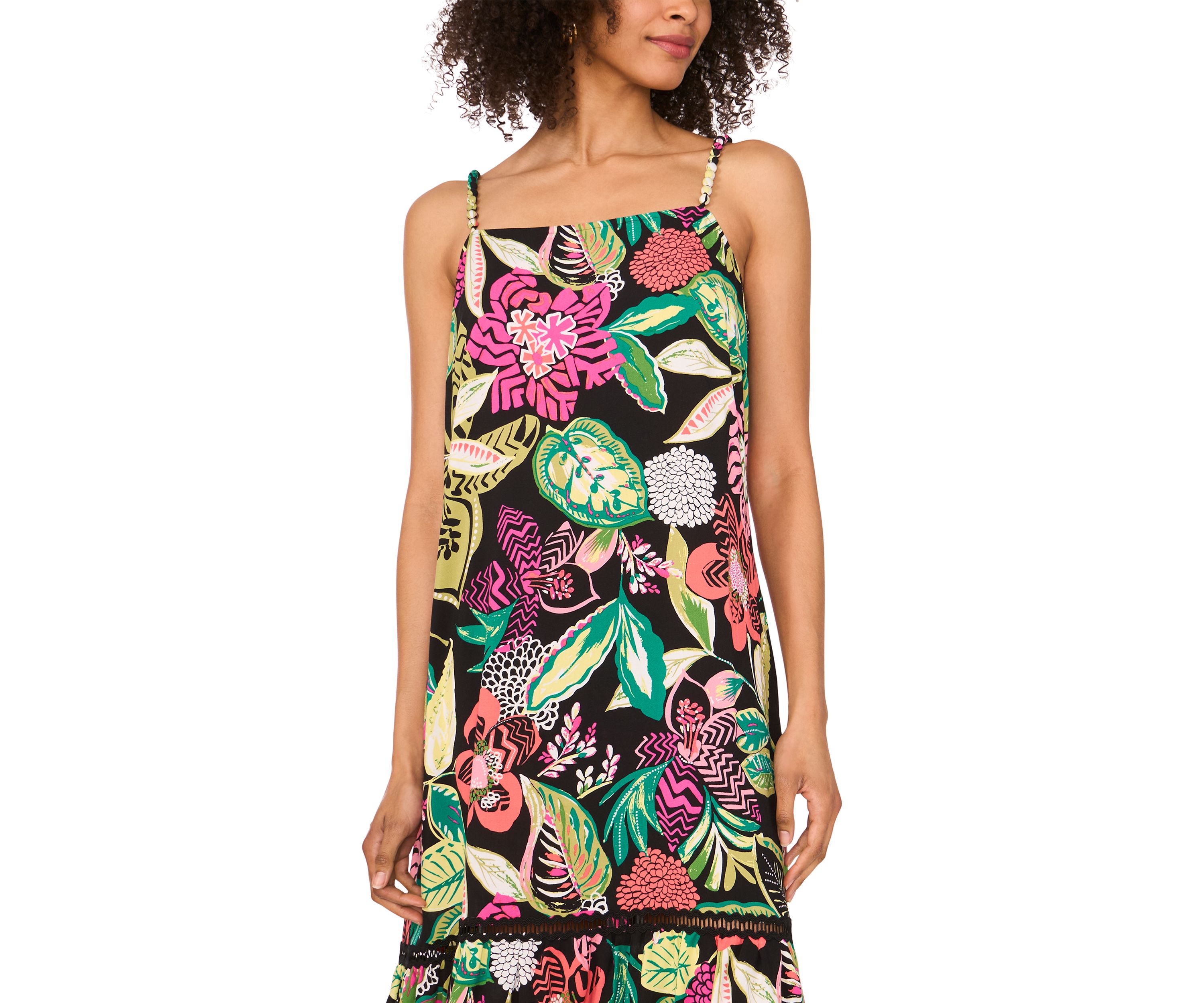 Womens Bead Strap Floral Challis Maxi Dress