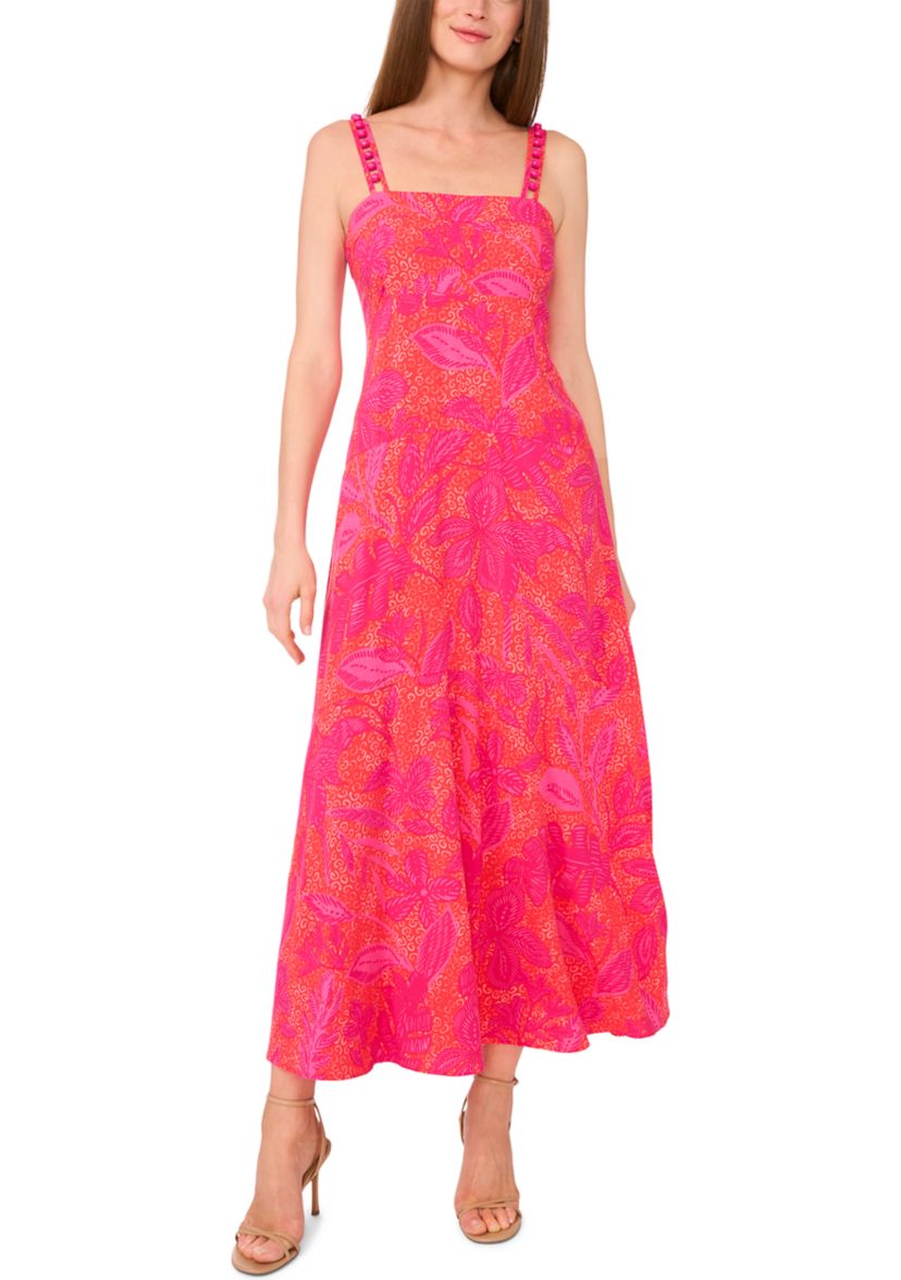 Womens Floral Printed Challis Square Neck Dress