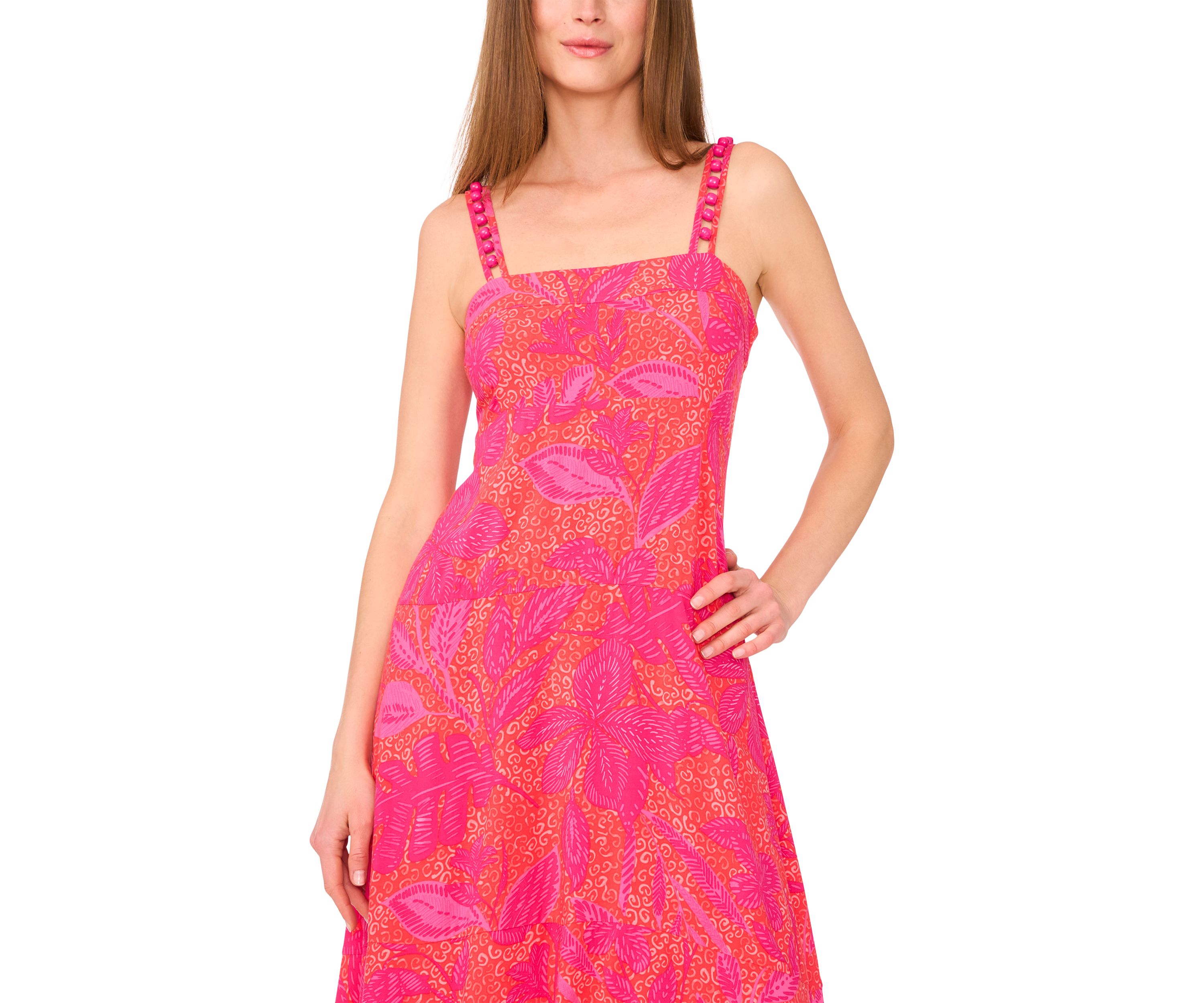 Womens Floral Printed Challis Square Neck Dress