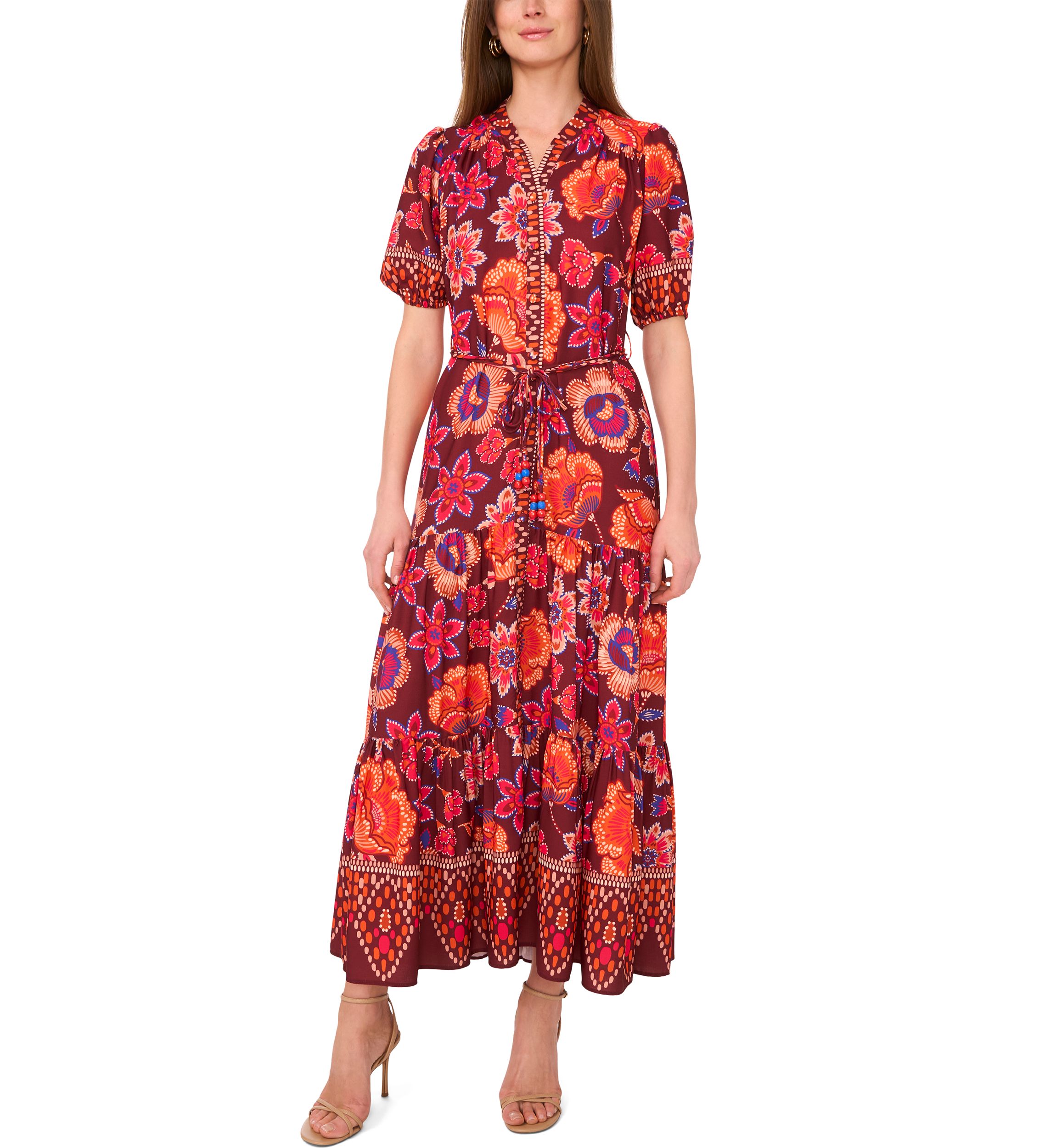 Womens Puff Sleeve Border Printed Challis Maxi Dress