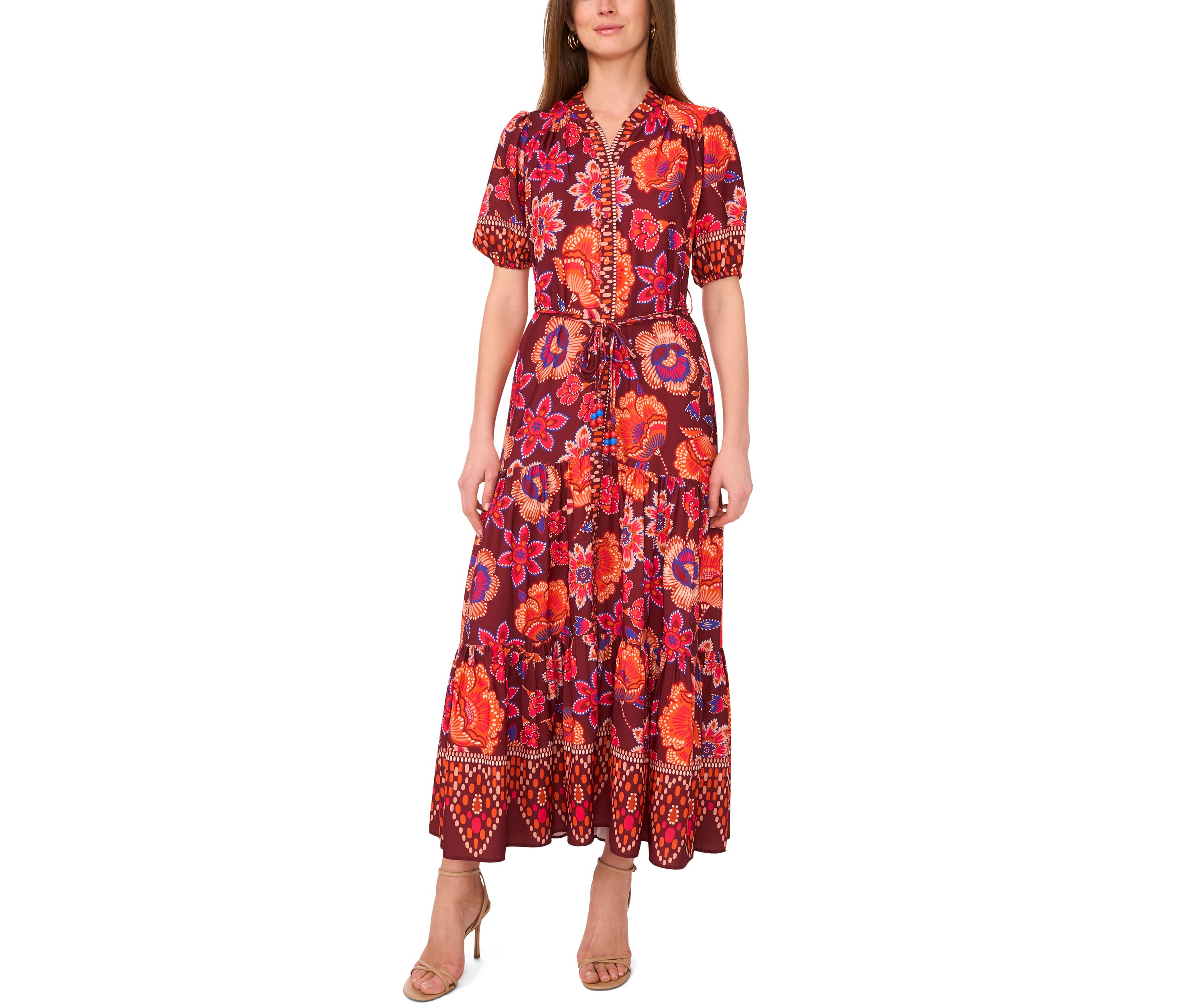 Womens Puff Sleeve Border Printed Challis Maxi Dress