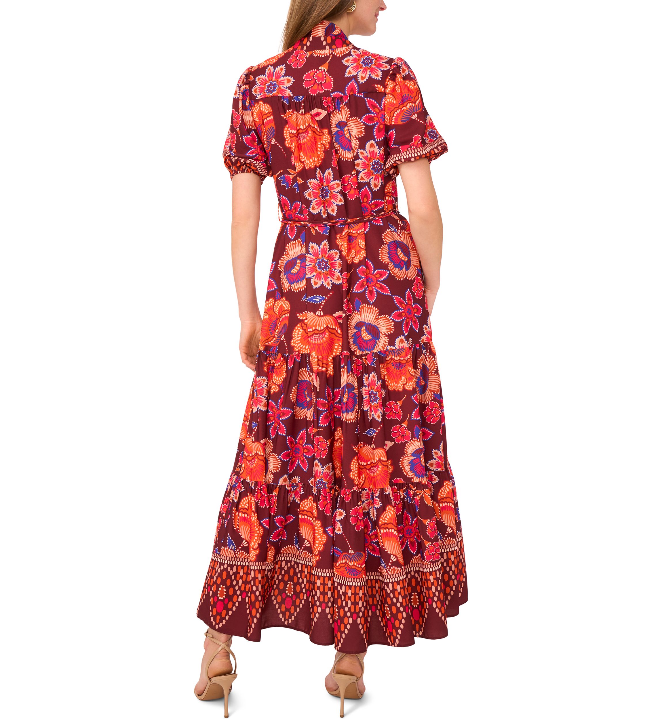 Womens Puff Sleeve Border Printed Challis Maxi Dress