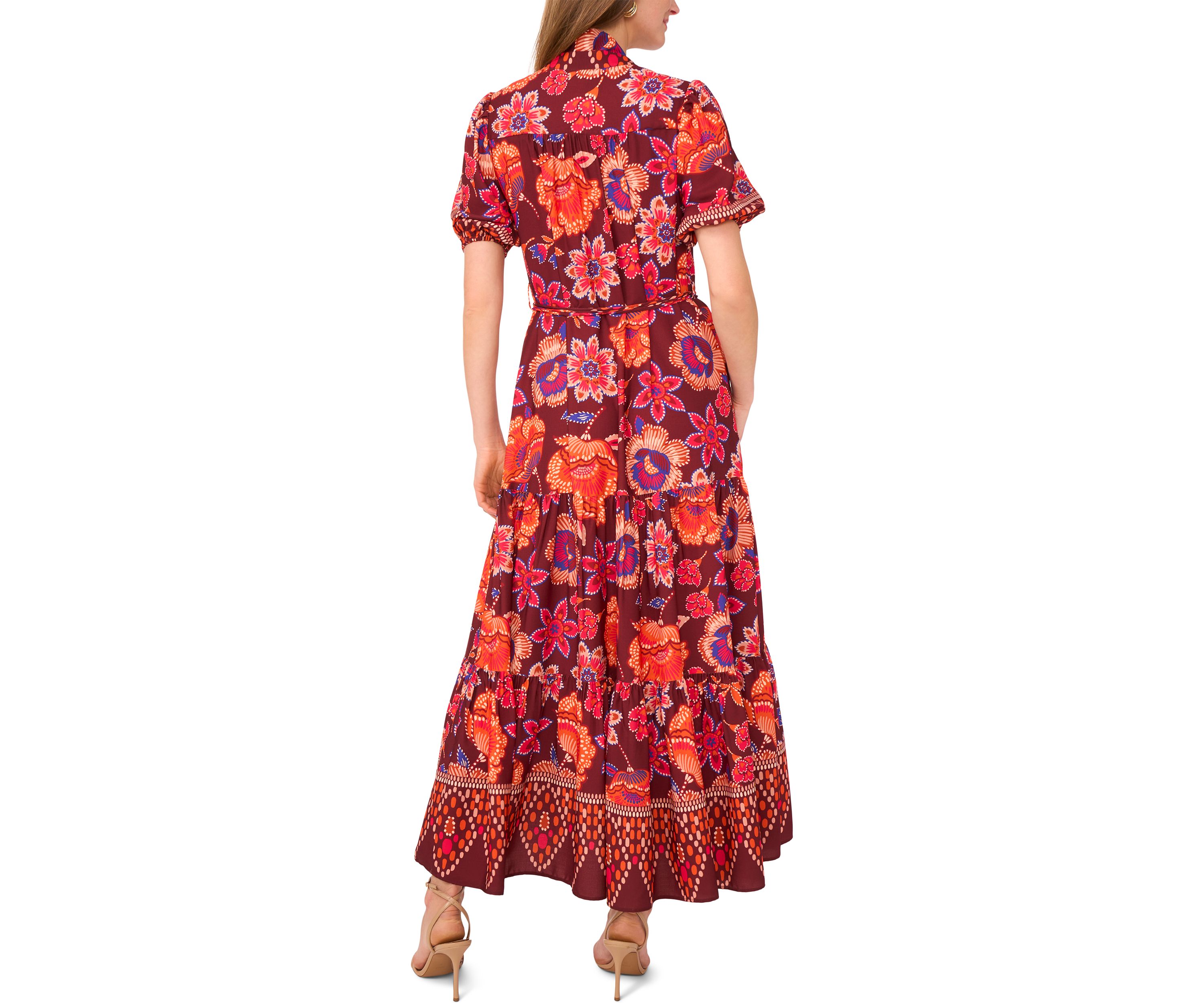 Womens Puff Sleeve Border Printed Challis Maxi Dress