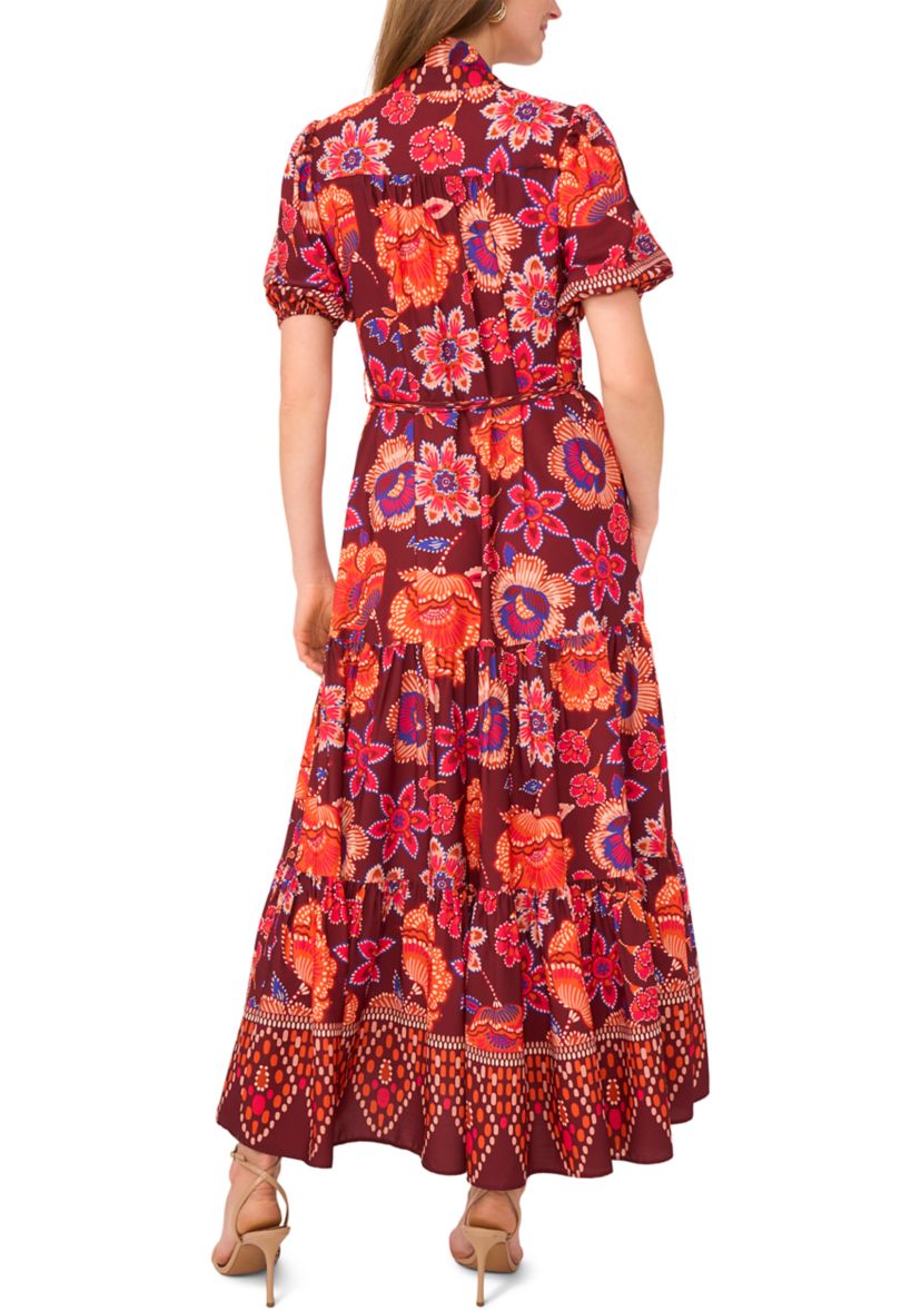 Womens Puff Sleeve Border Printed Challis Maxi Dress