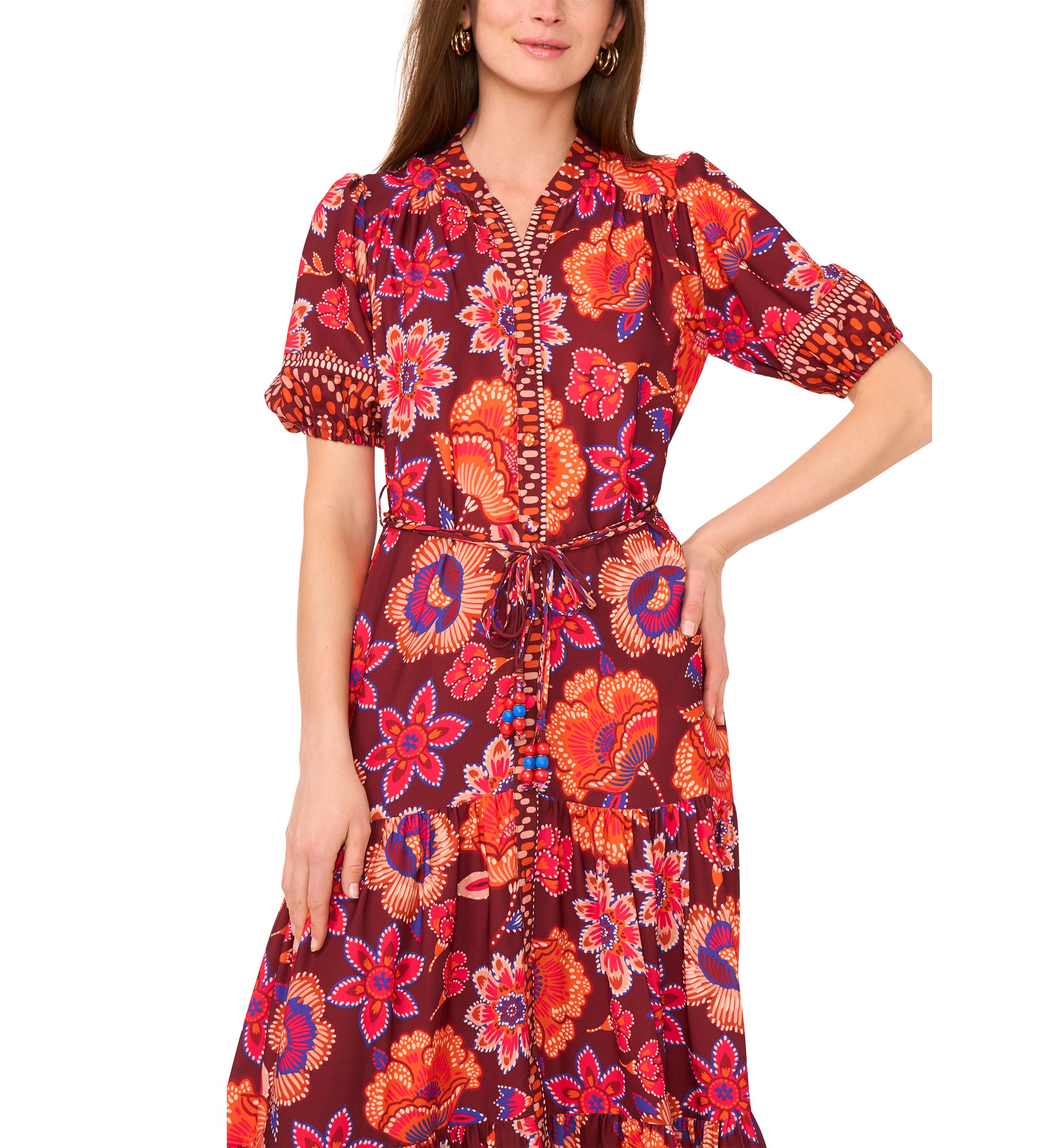 Womens Puff Sleeve Border Printed Challis Maxi Dress