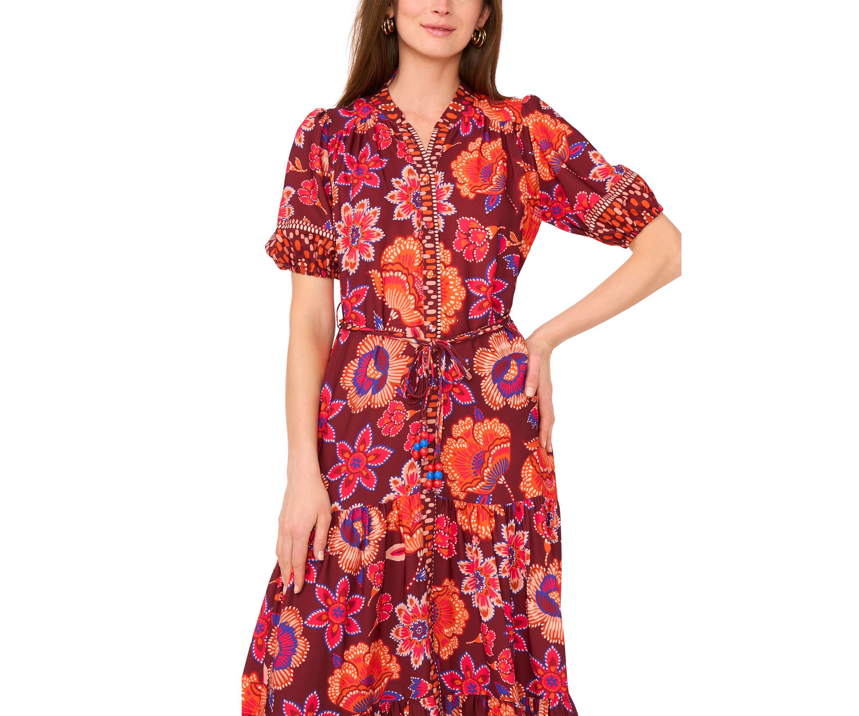 Womens Puff Sleeve Border Printed Challis Maxi Dress