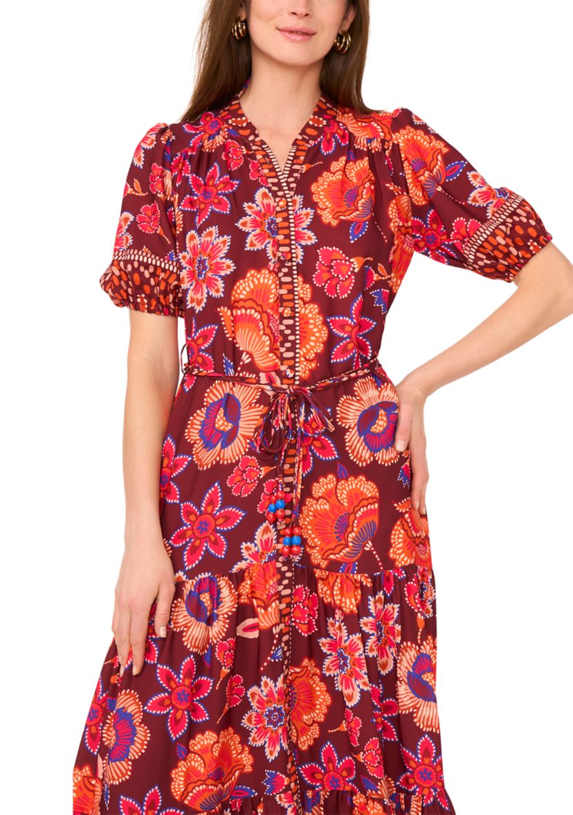 Womens Puff Sleeve Border Printed Challis Maxi Dress