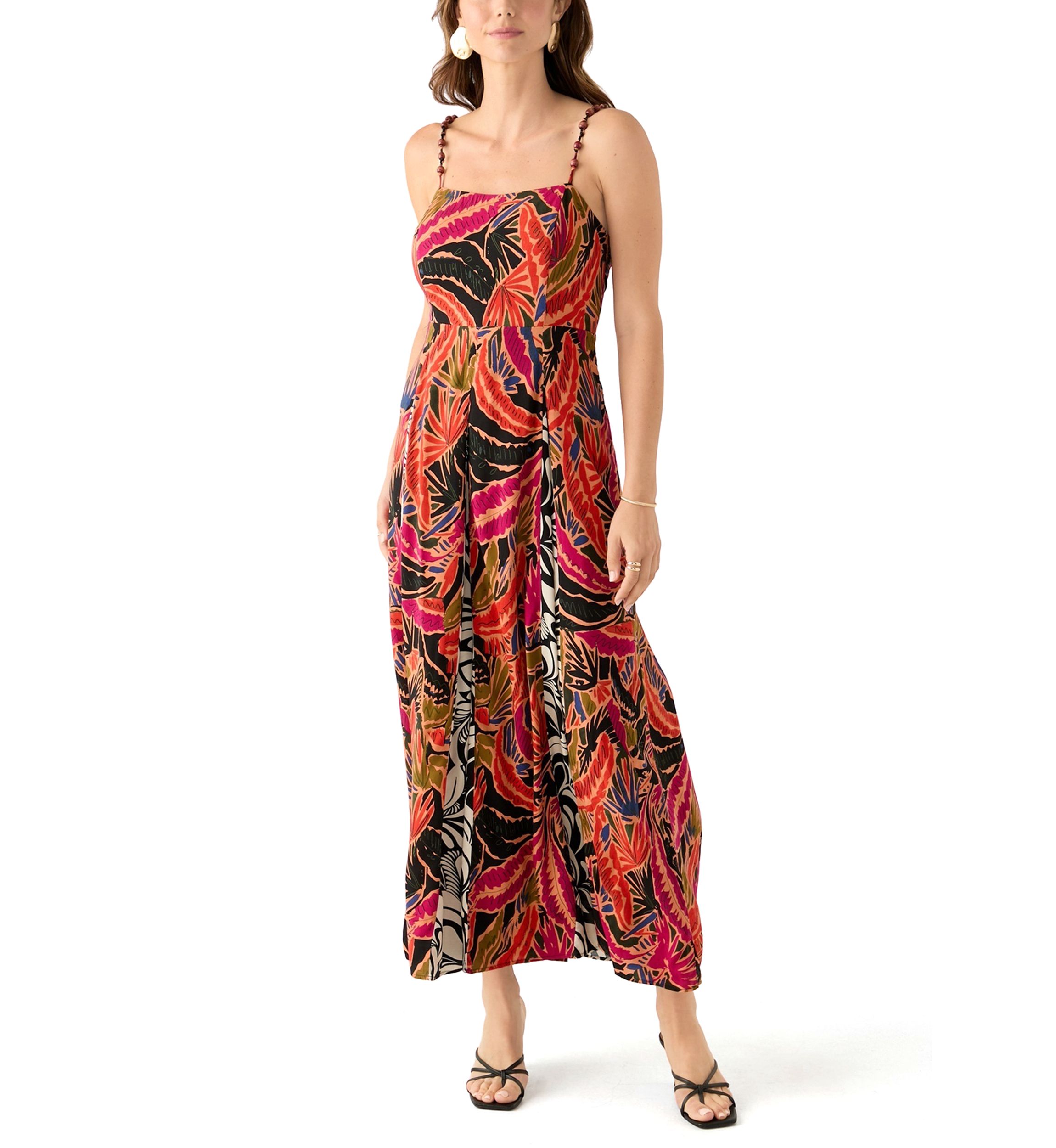 Womens Cami Stripe Mix Print Pleated Maxi Dress