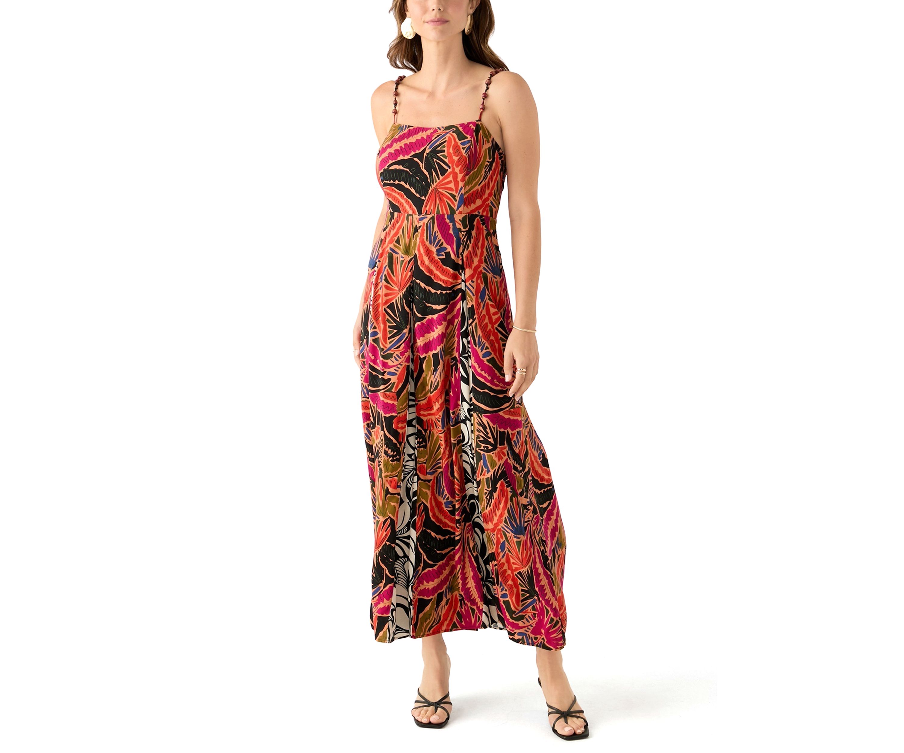 Womens Cami Stripe Mix Print Pleated Maxi Dress