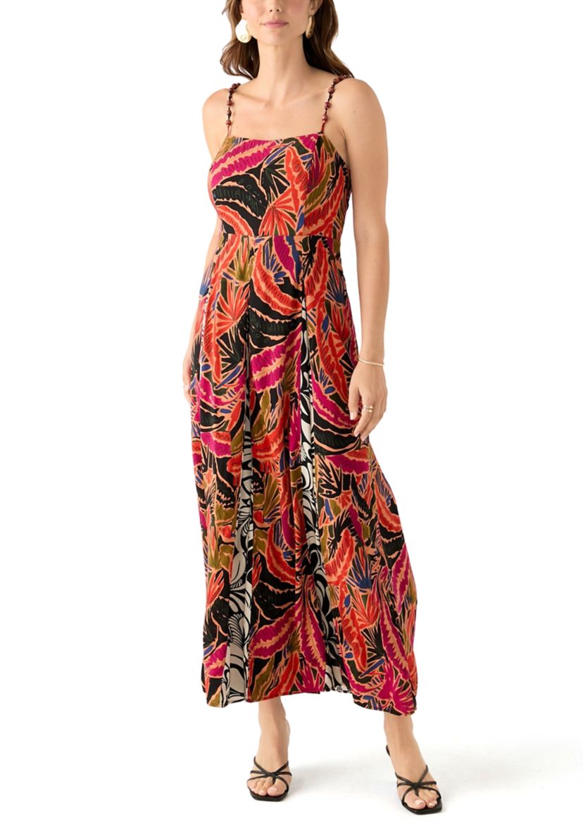 Womens Cami Stripe Mix Print Pleated Maxi Dress