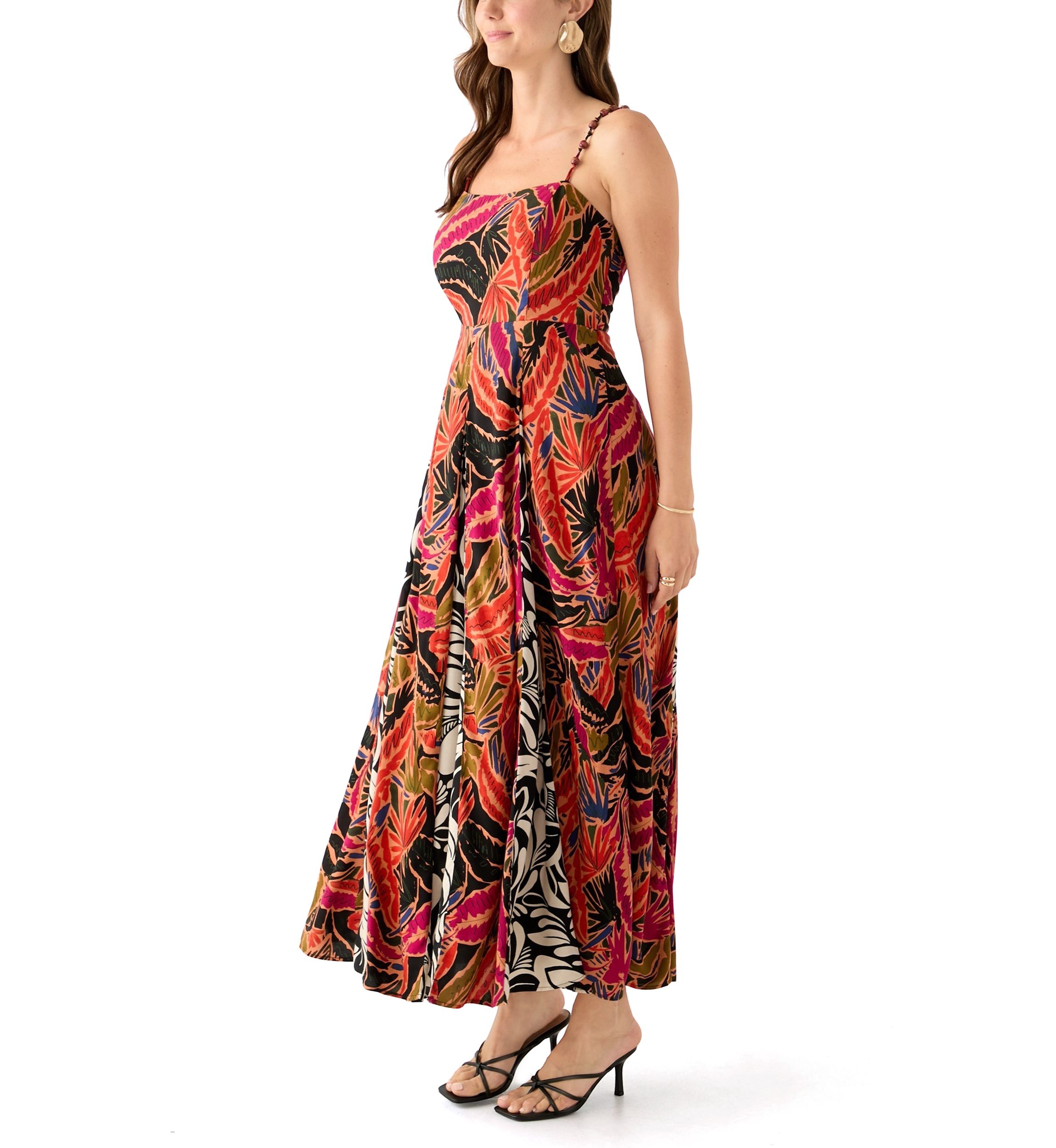 Womens Cami Stripe Mix Print Pleated Maxi Dress