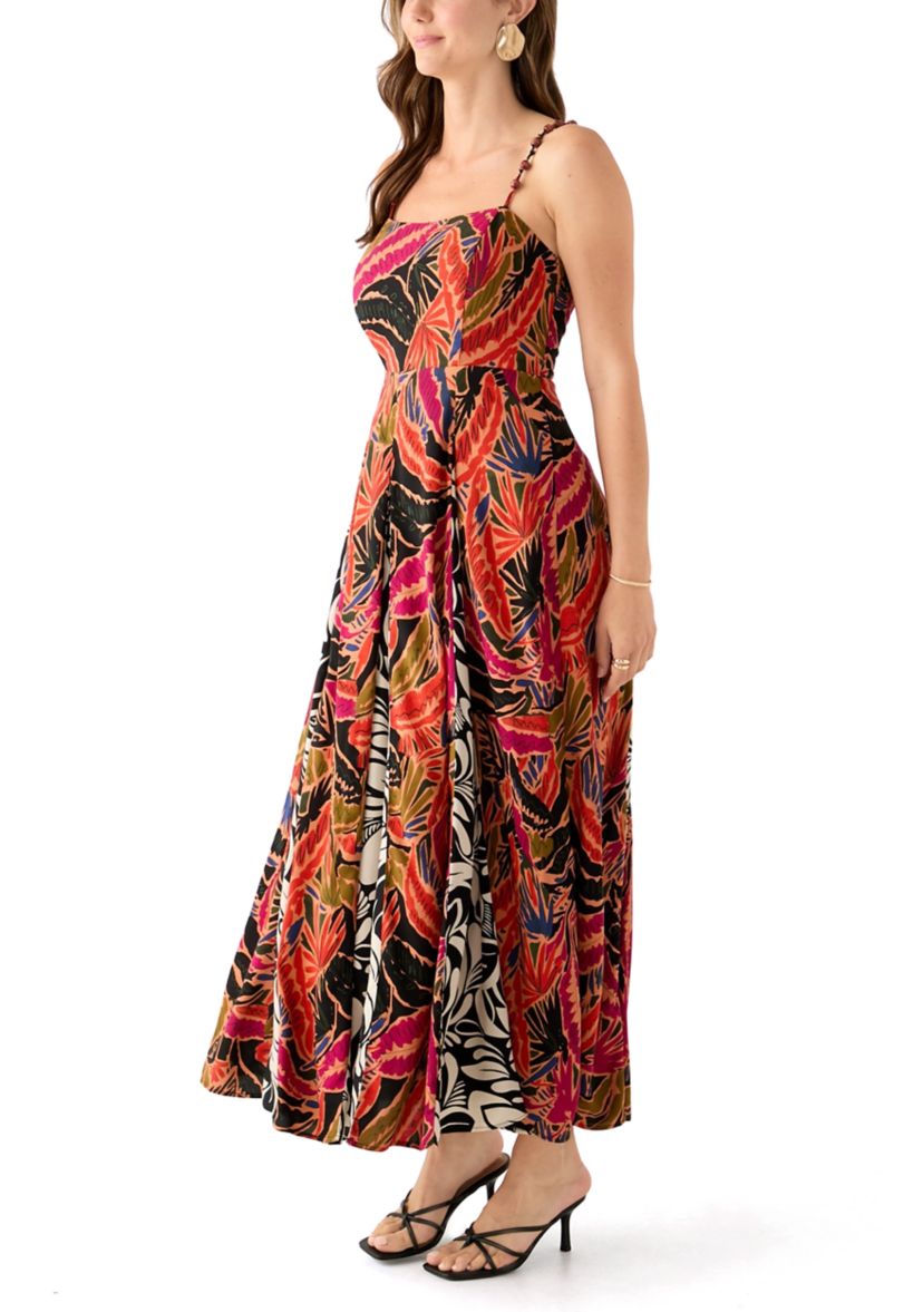 Womens Cami Stripe Mix Print Pleated Maxi Dress