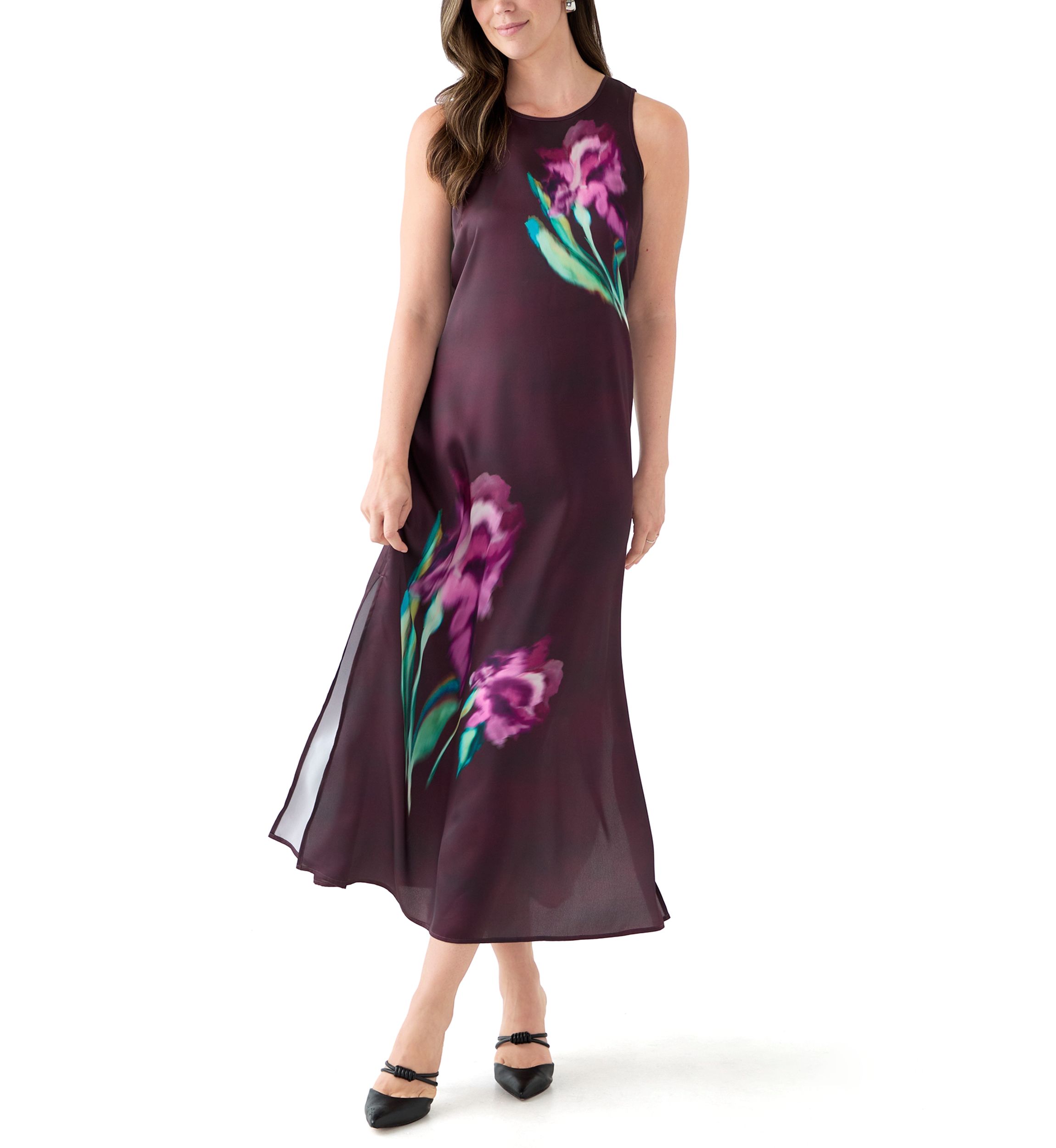 Womens Sleeveless Floral Satin Dress