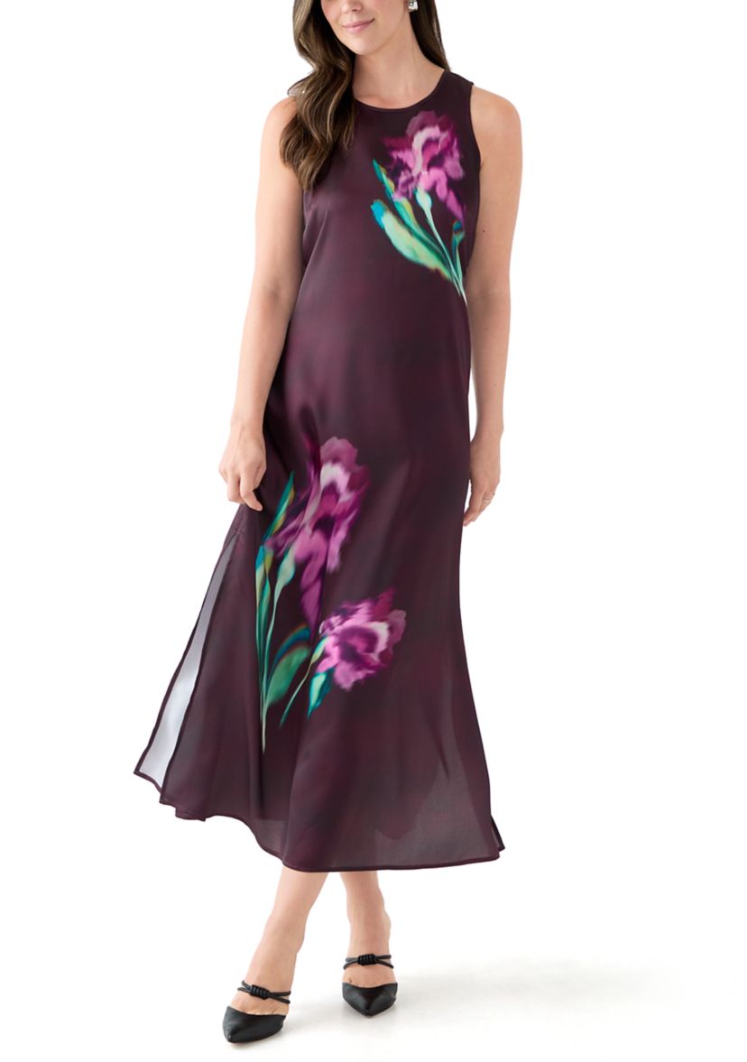 Womens Sleeveless Floral Satin Dress