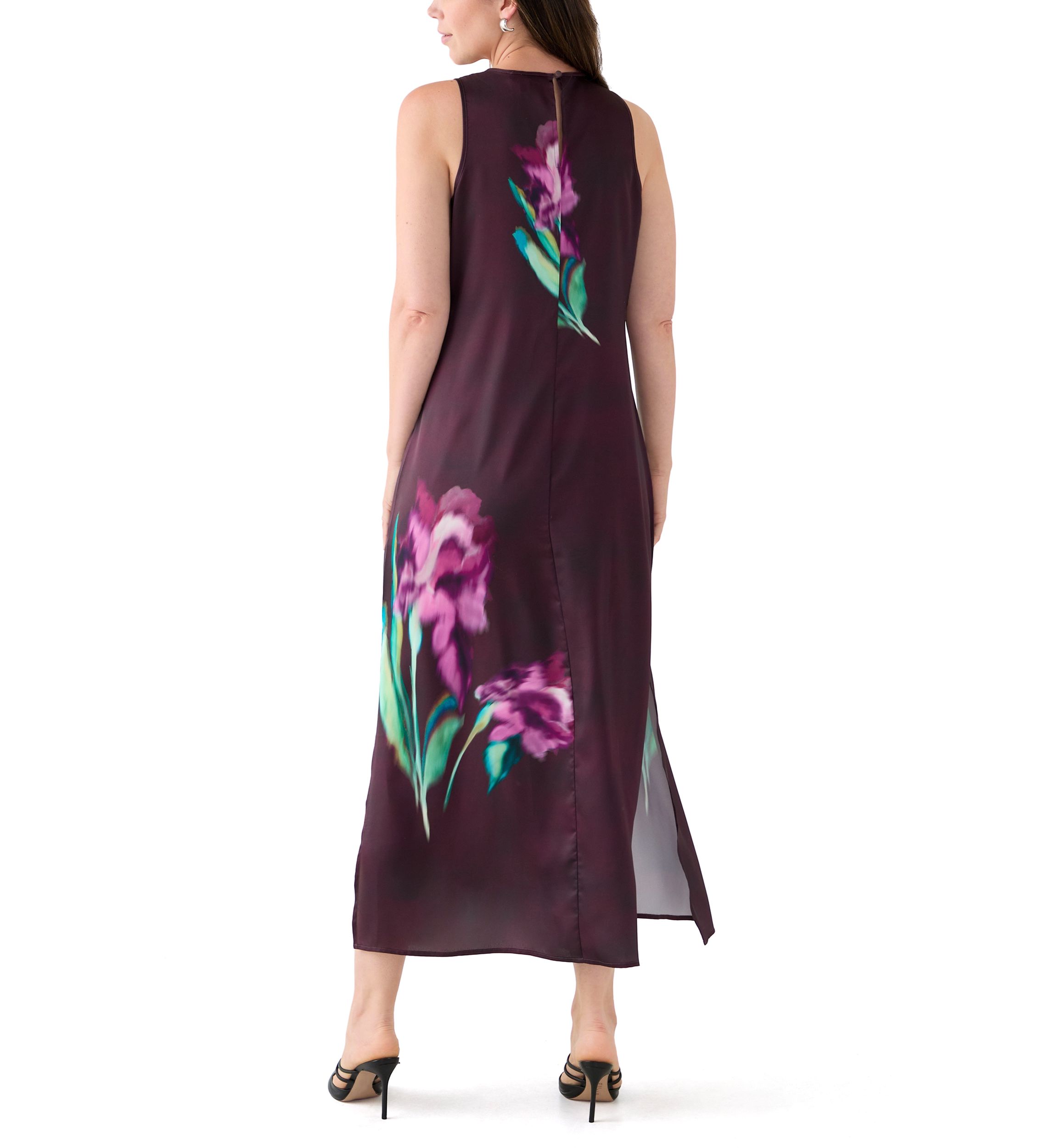 Womens Sleeveless Floral Satin Dress