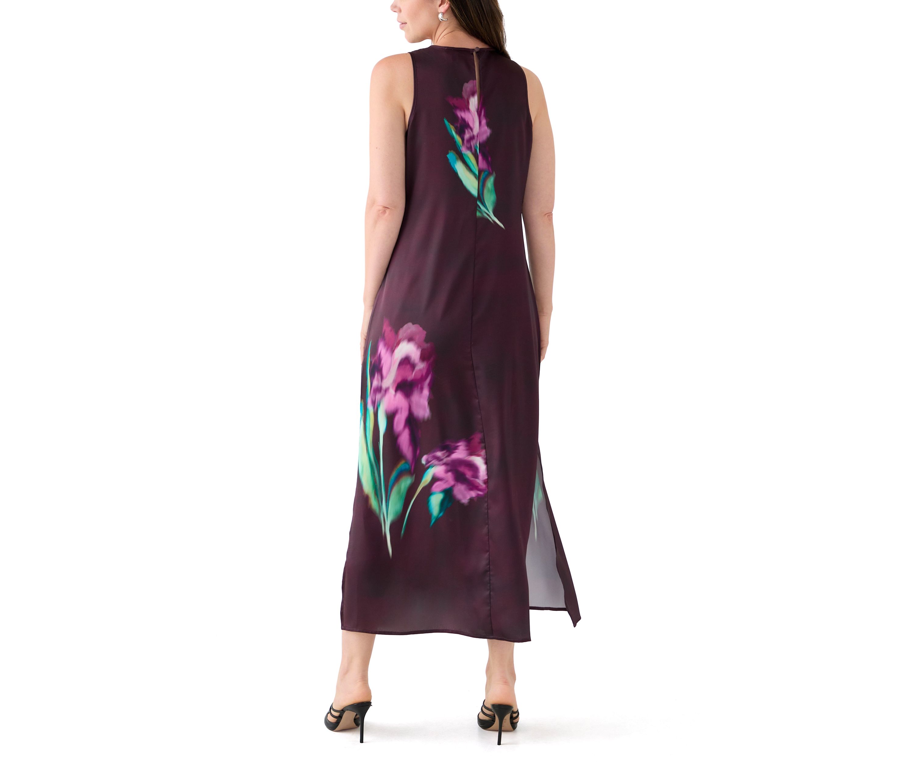 Womens Sleeveless Floral Satin Dress