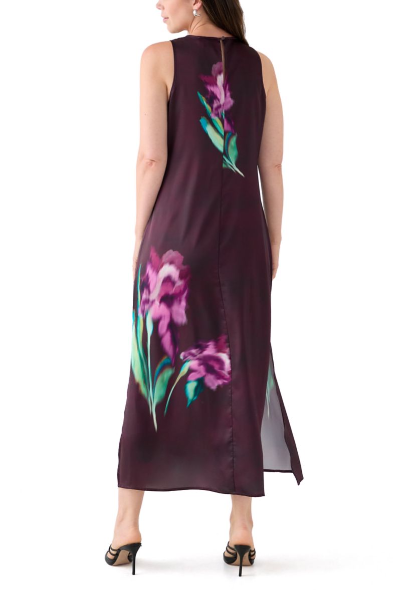 Womens Sleeveless Floral Satin Dress