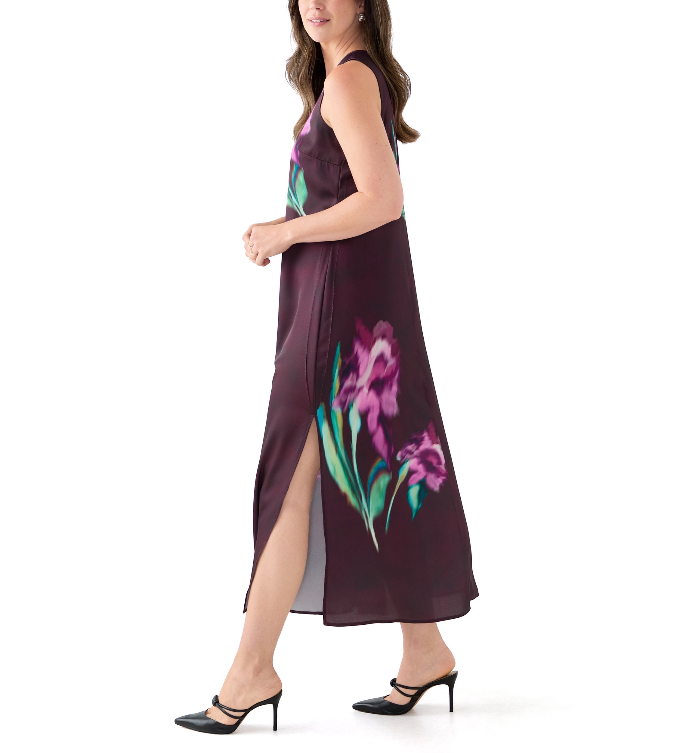 Womens Sleeveless Floral Satin Dress