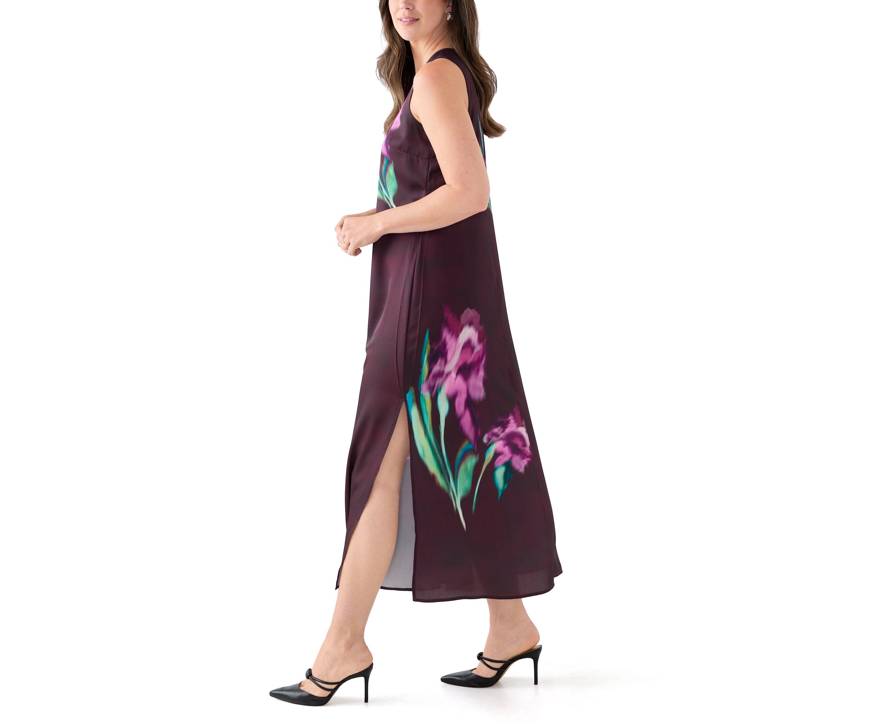 Womens Sleeveless Floral Satin Dress