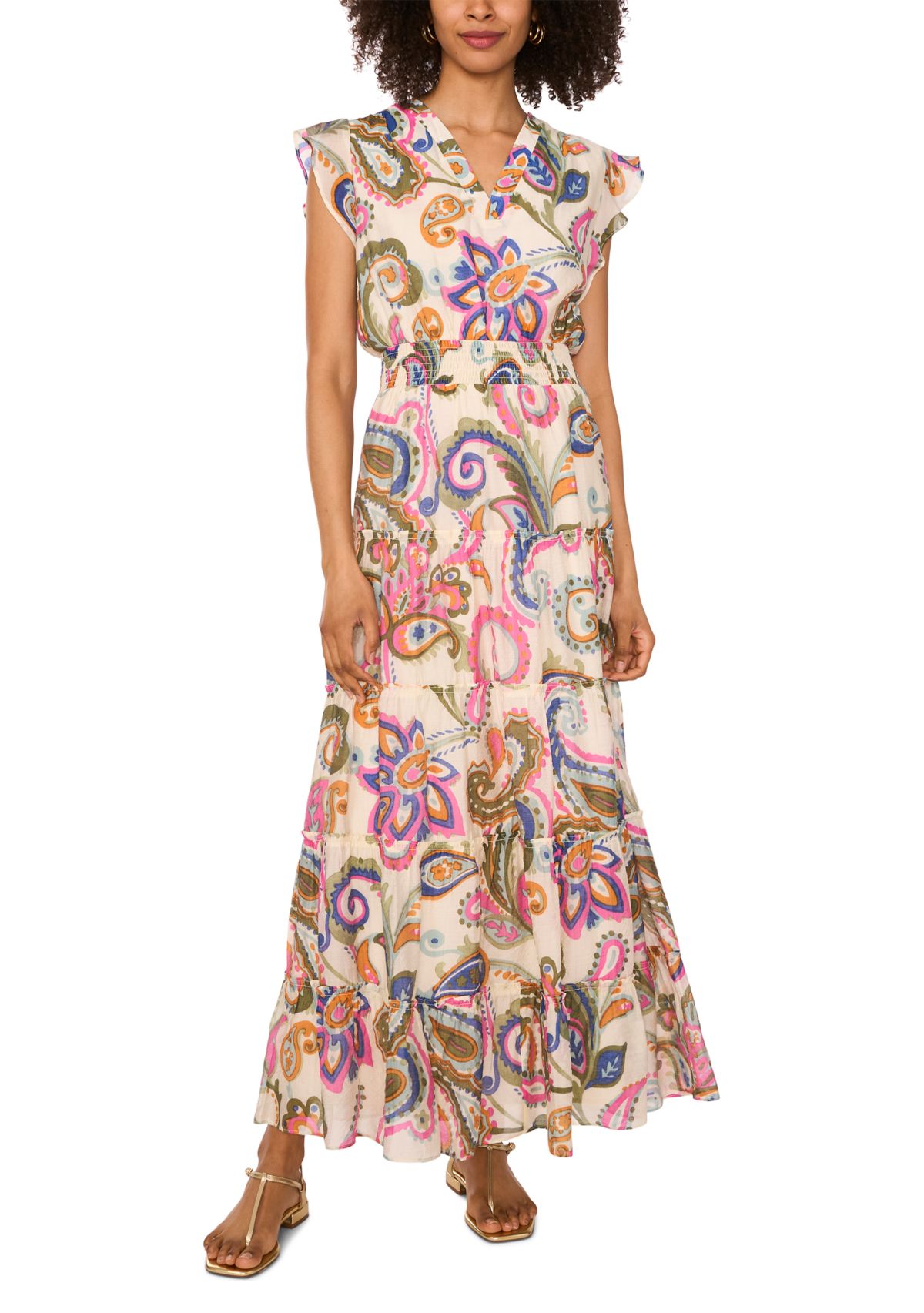 Womens Flutter Sleeve Smock Waist Dress