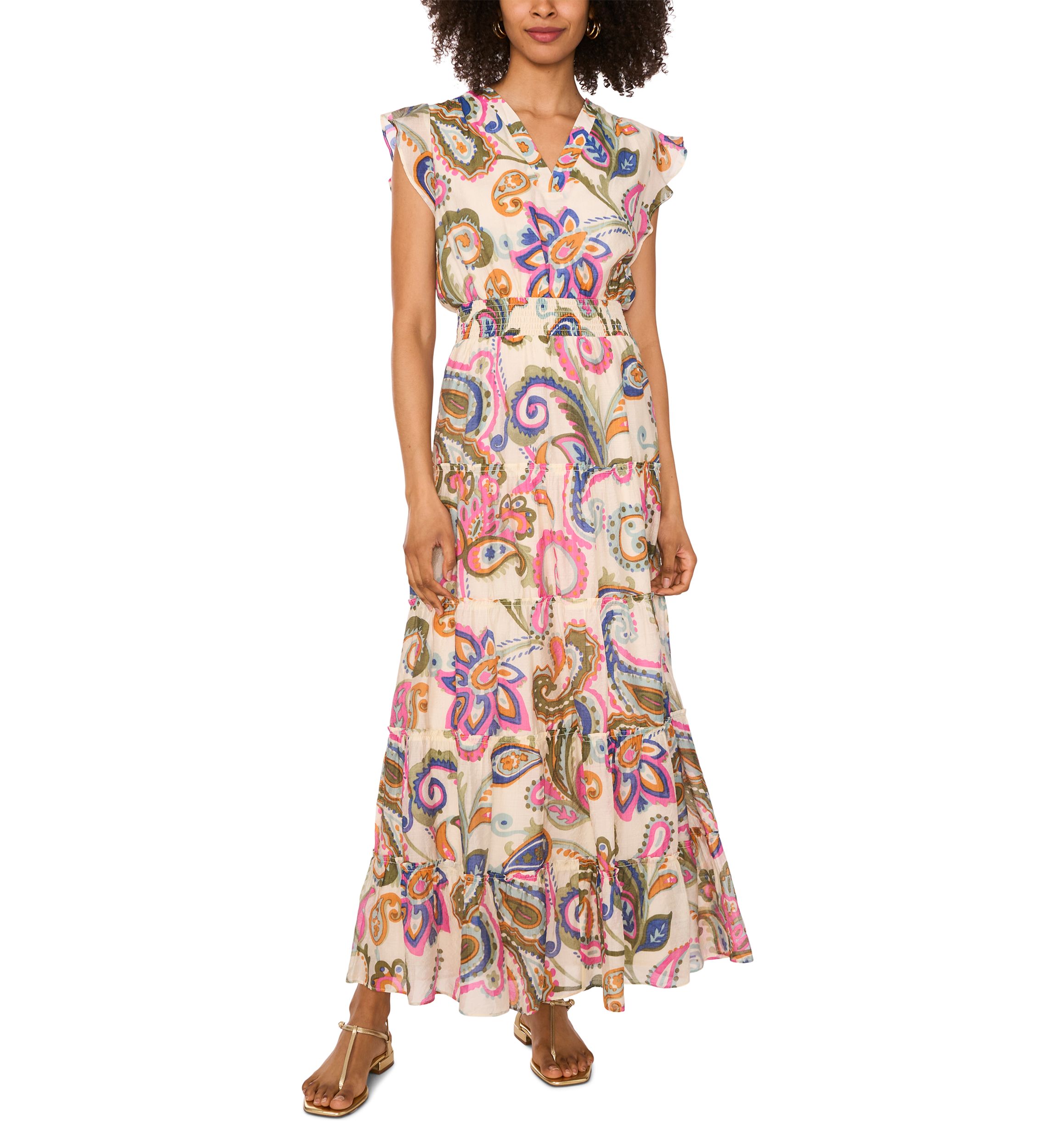 Womens Flutter Sleeve Smock Waist Dress