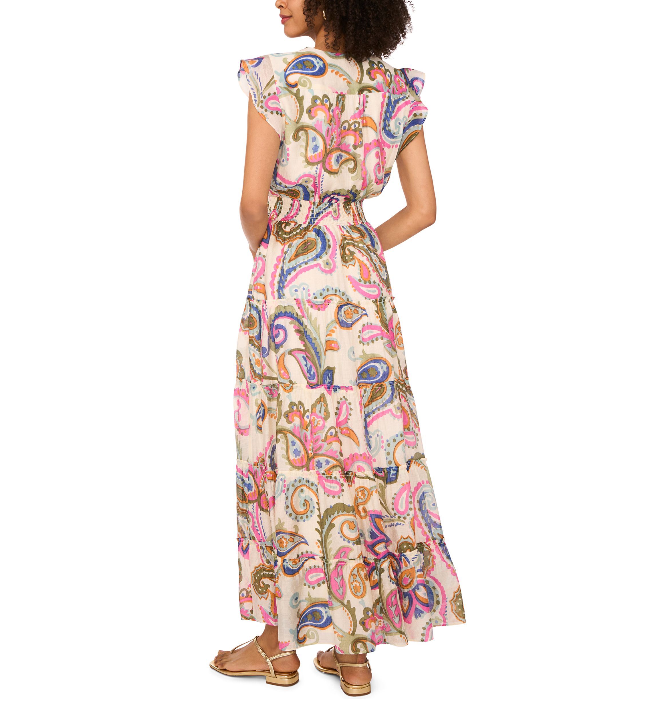 Womens Flutter Sleeve Smock Waist Dress