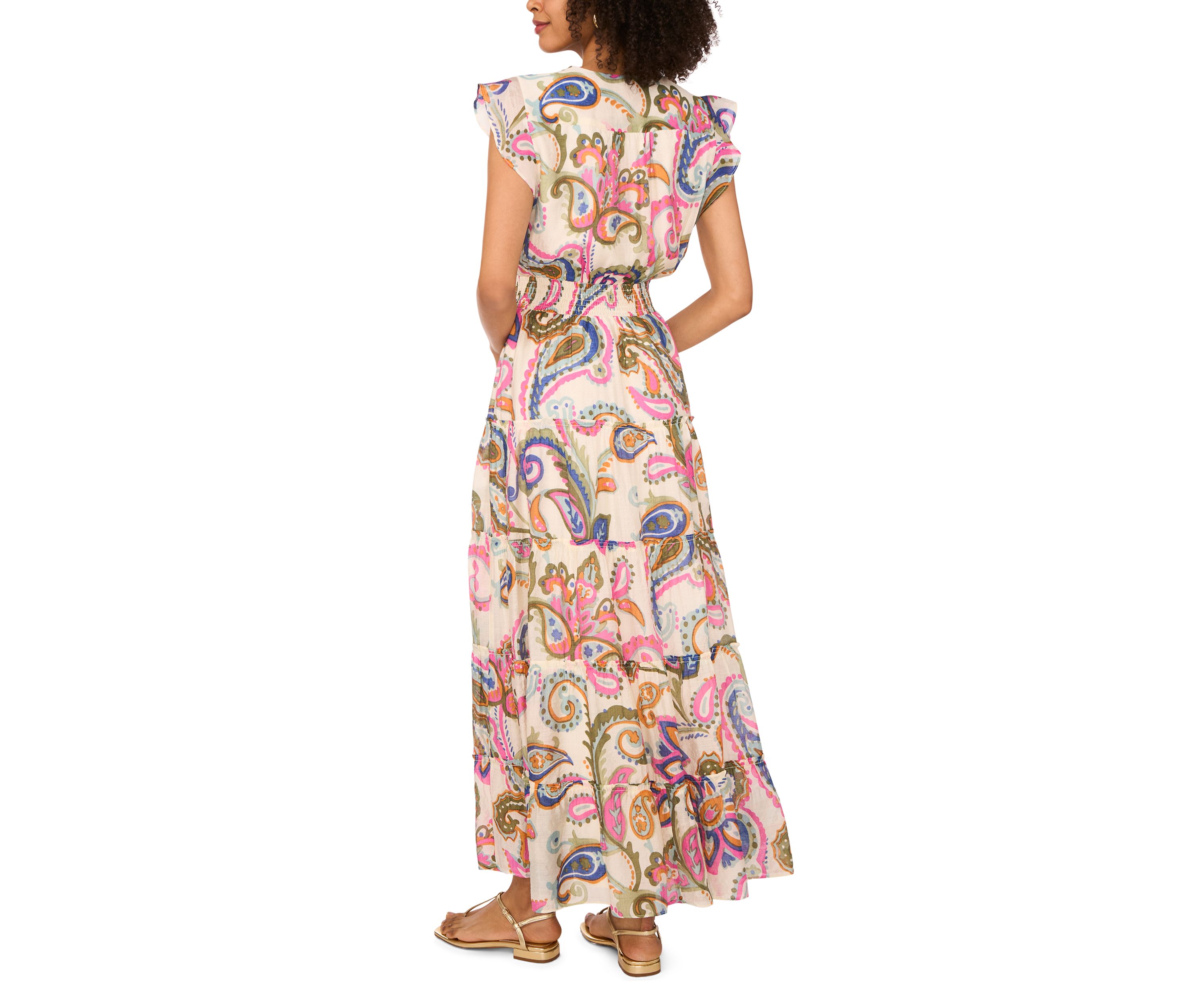 Womens Flutter Sleeve Smock Waist Dress