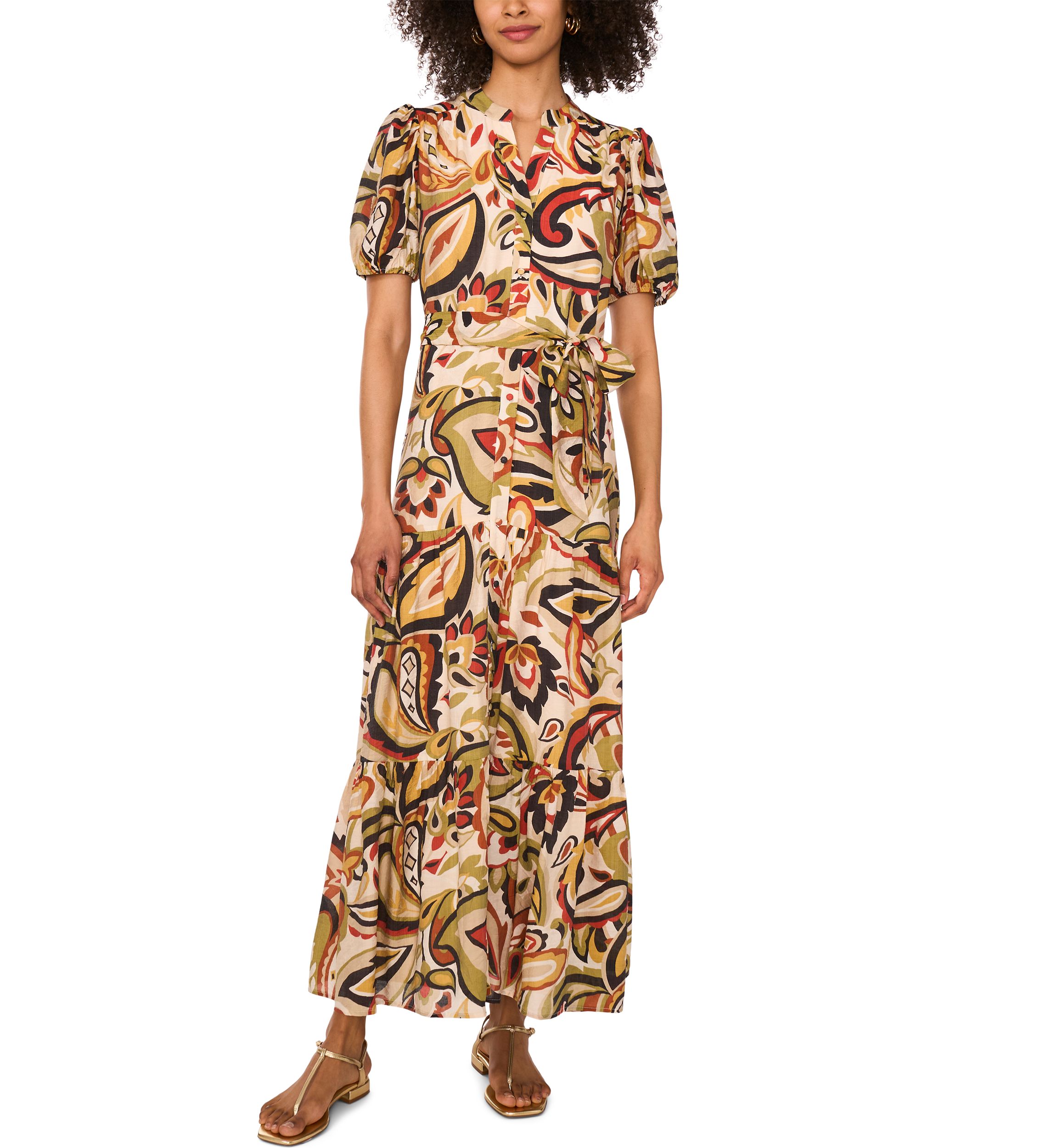 Womens Short Sleeve Paisley Midi Dress