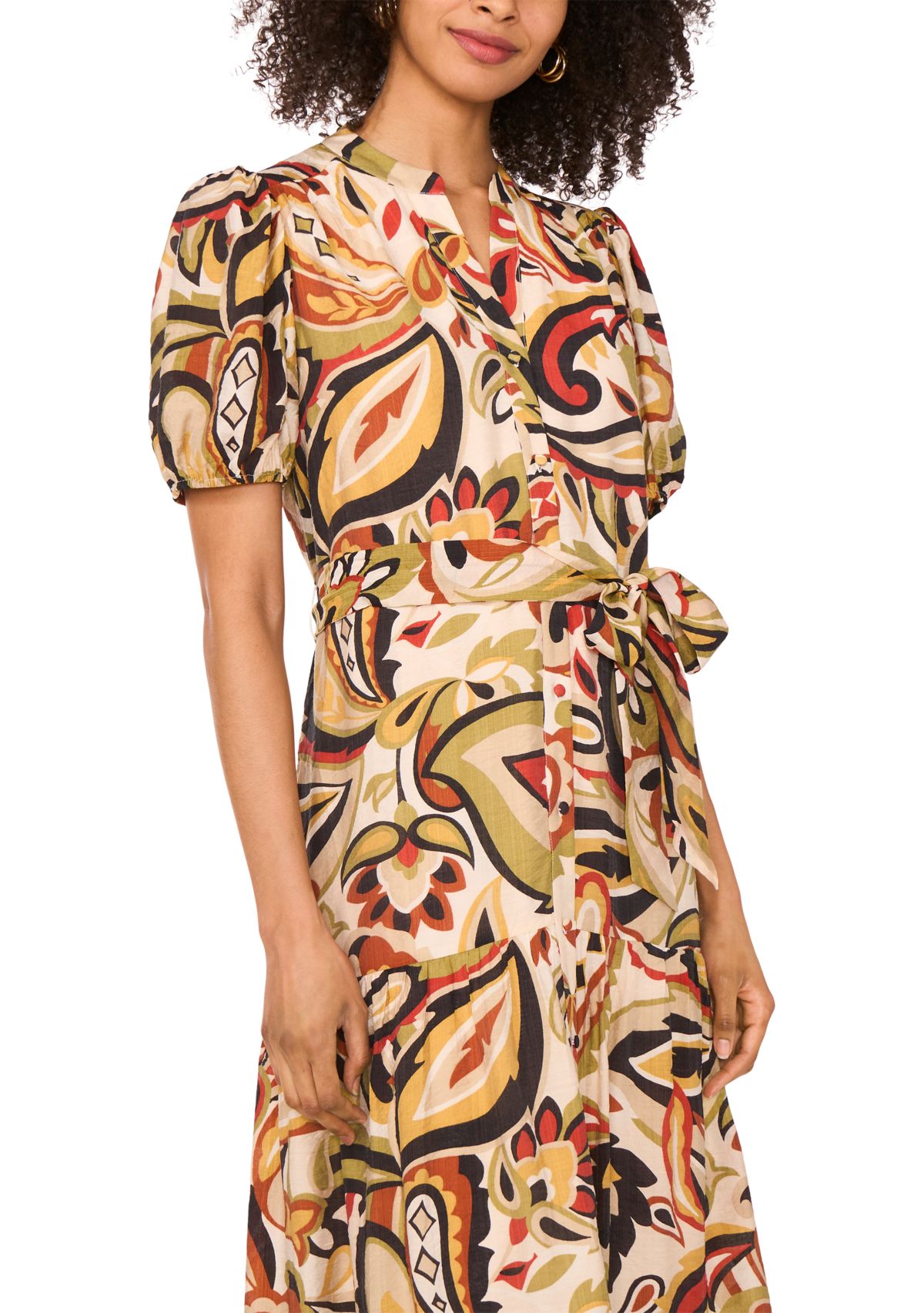 Womens Short Sleeve Paisley Midi Dress