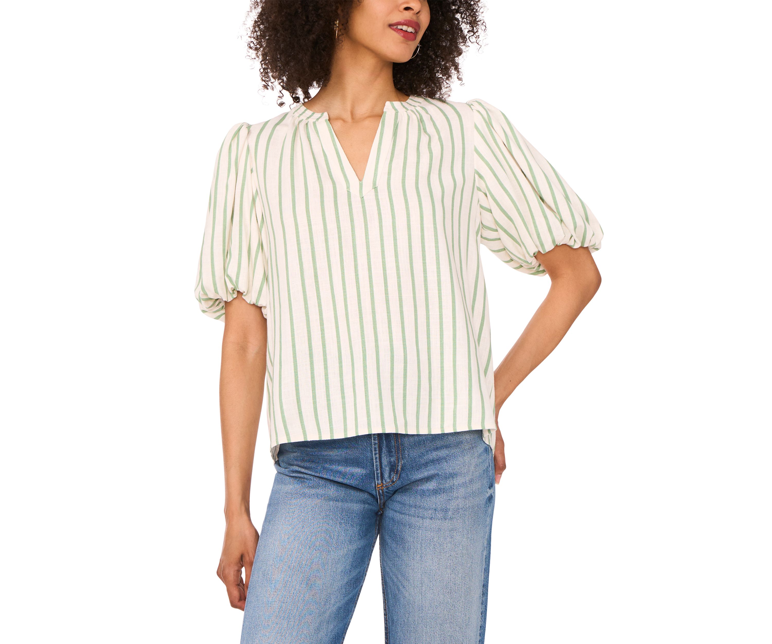 Womens Puff Sleeve Stripe Linen Split Neck Blouse
