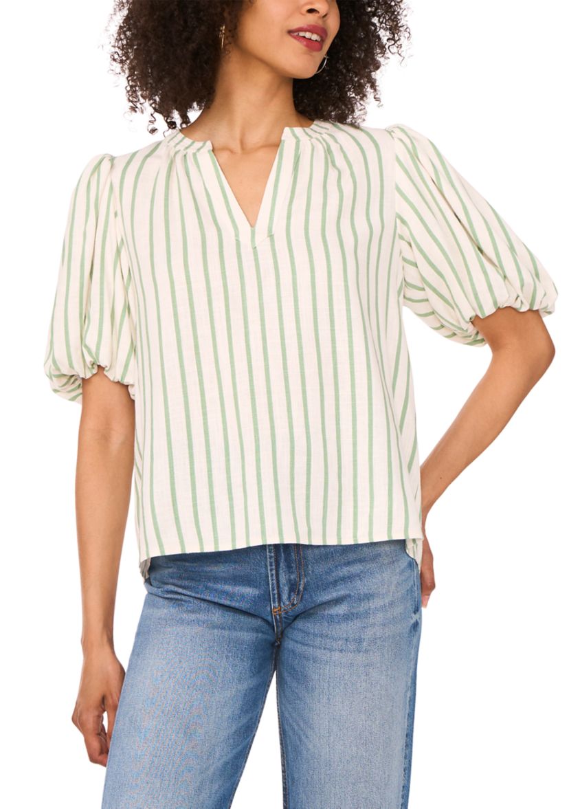 Womens Puff Sleeve Stripe Linen Split Neck Blouse