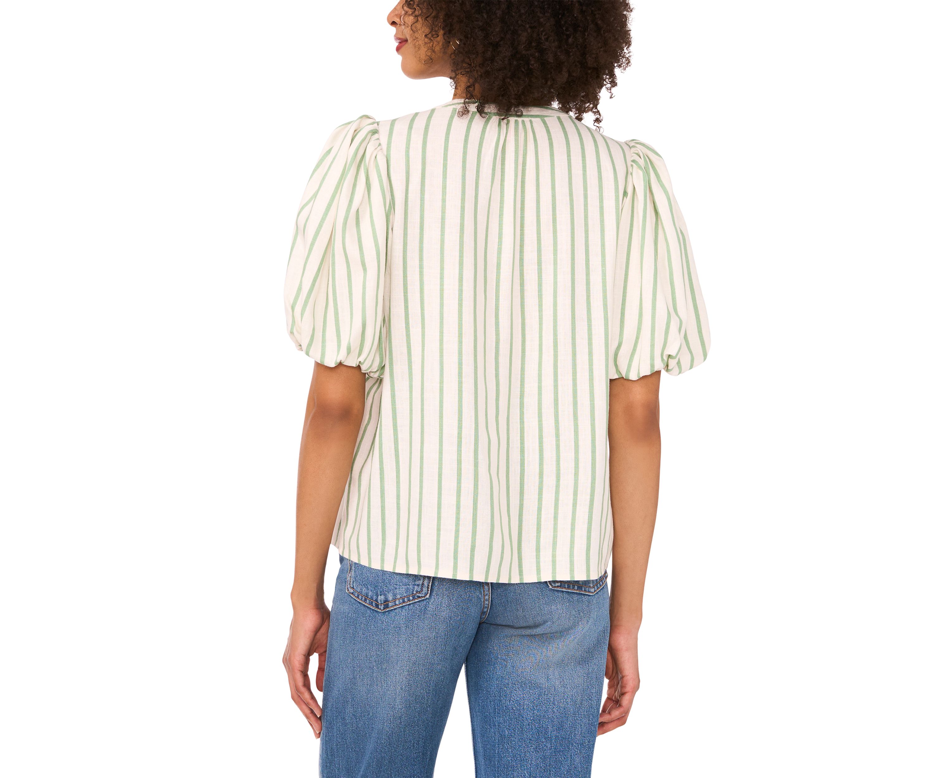 Womens Puff Sleeve Stripe Linen Split Neck Blouse